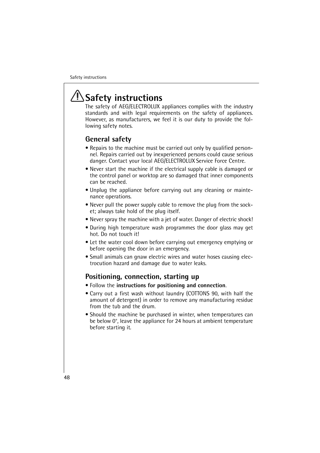 AEG 62895, 60895 manual Safety instructions, General safety, Positioning, connection, starting up 