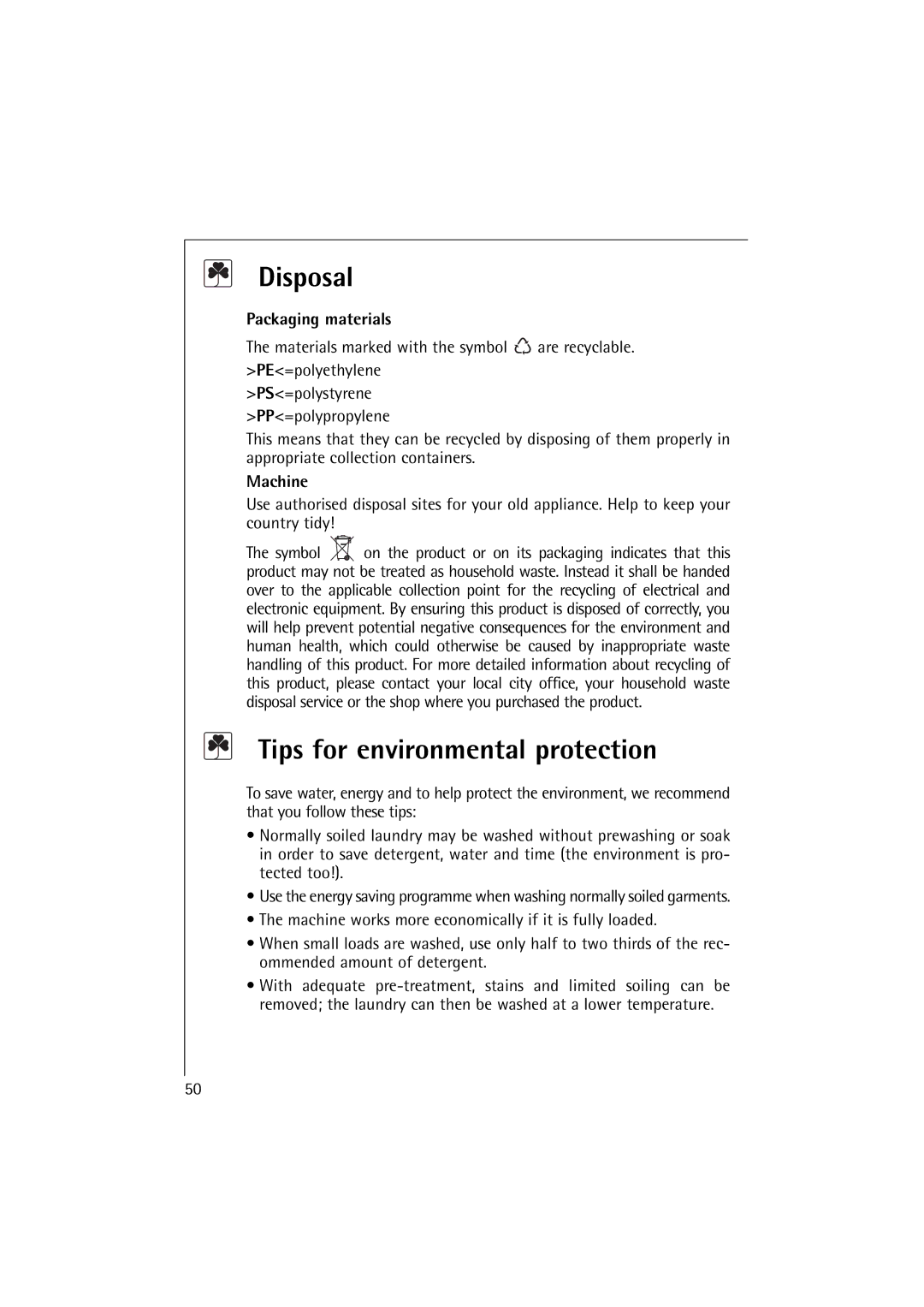 AEG 62895, 60895 manual Disposal, Tips for environmental protection, Packaging materials, Machine 