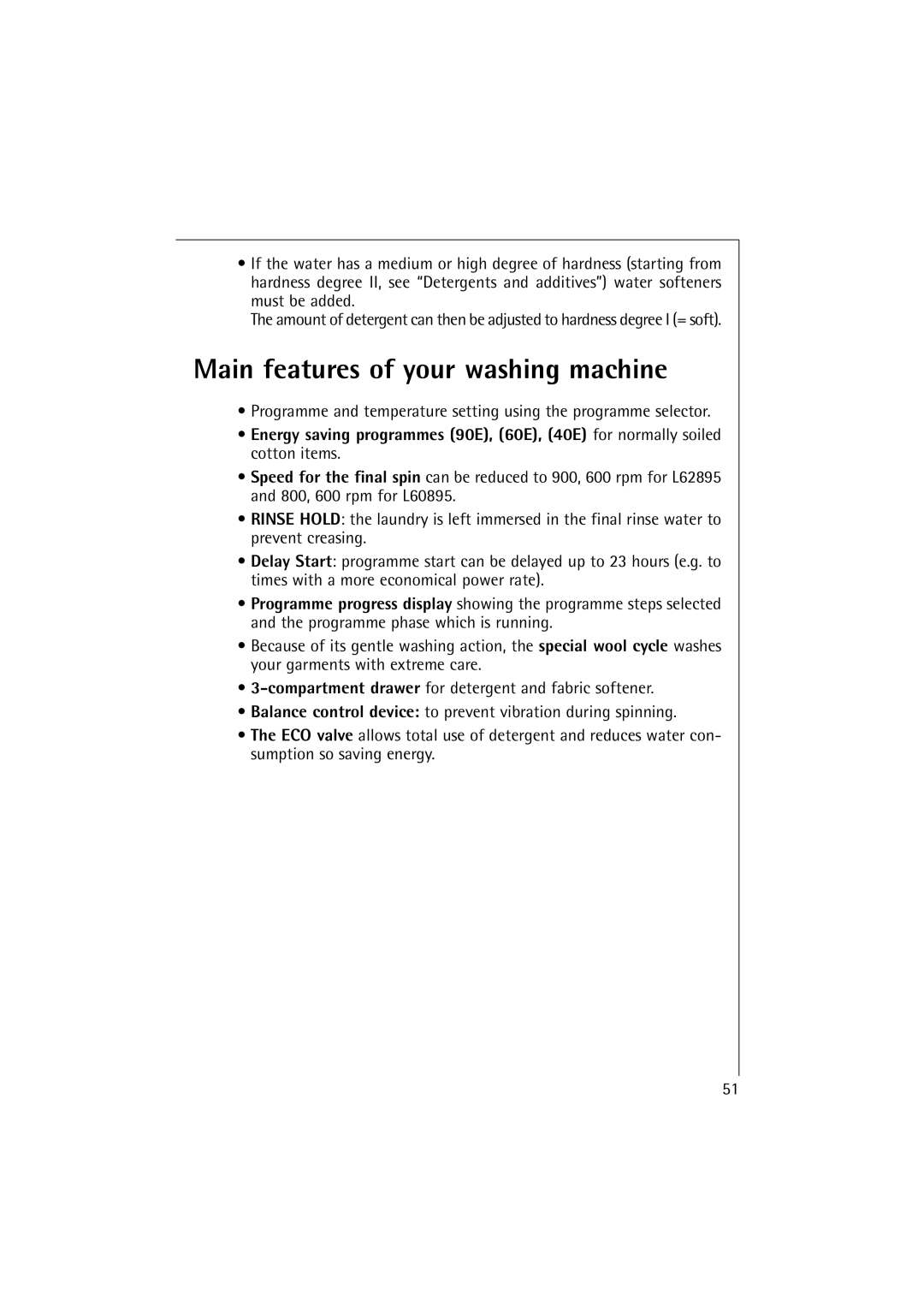 AEG 60895, 62895 manual Main features of your washing machine 