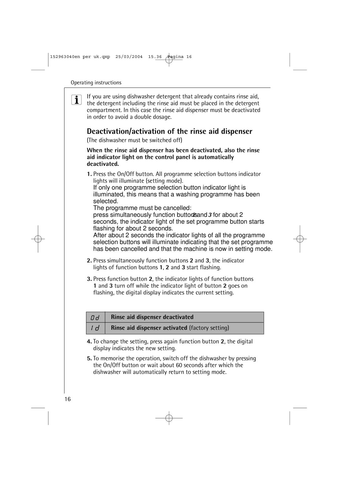 AEG 64070 VIL manual Deactivation/activation of the rinse aid dispenser 