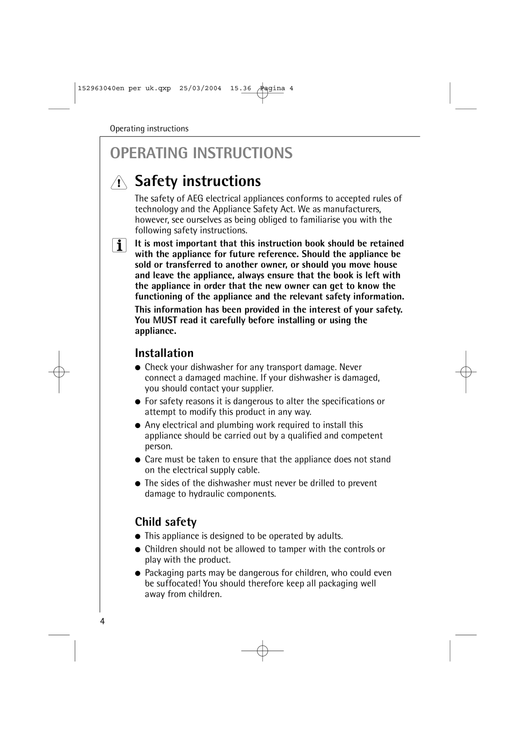 AEG 64070 VIL manual Safety instructions, Installation, Child safety 