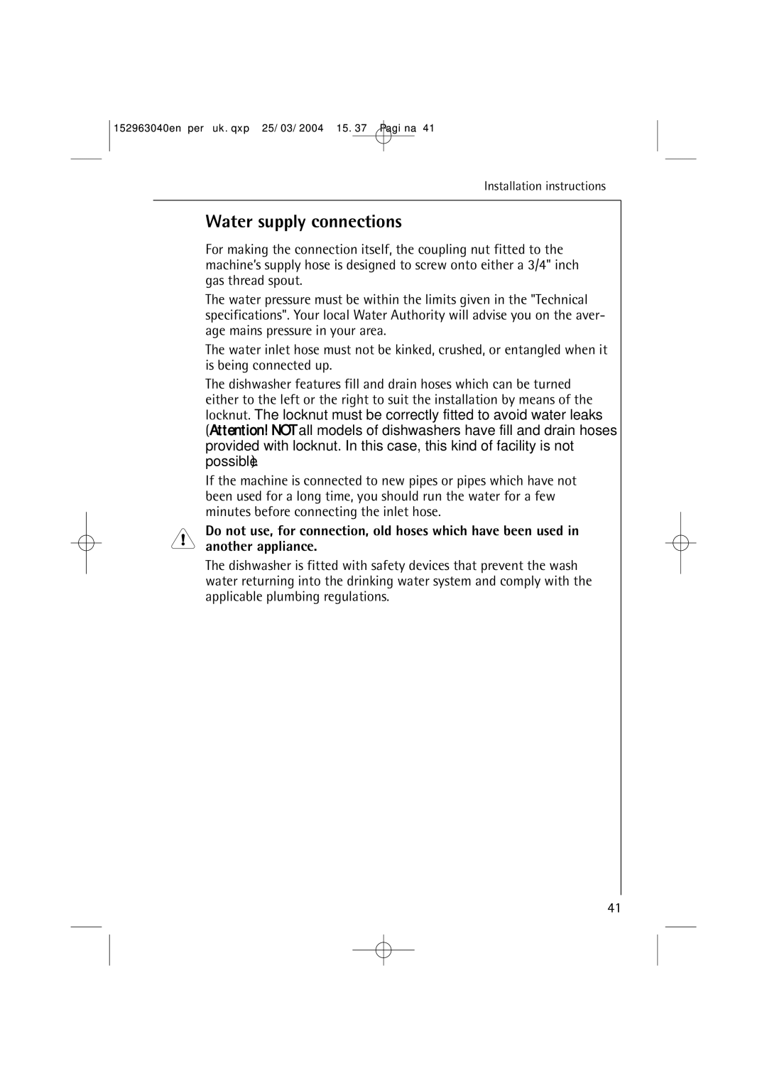 AEG 64070 VIL manual Water supply connections 