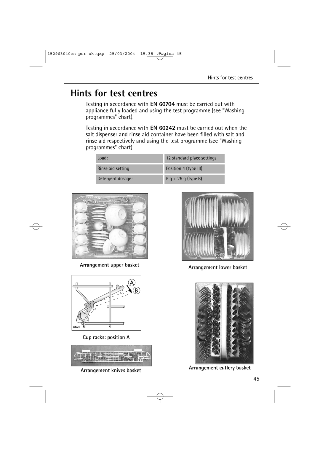 AEG 64070 VIL manual Hints for test centres, Arrangement knives basket 