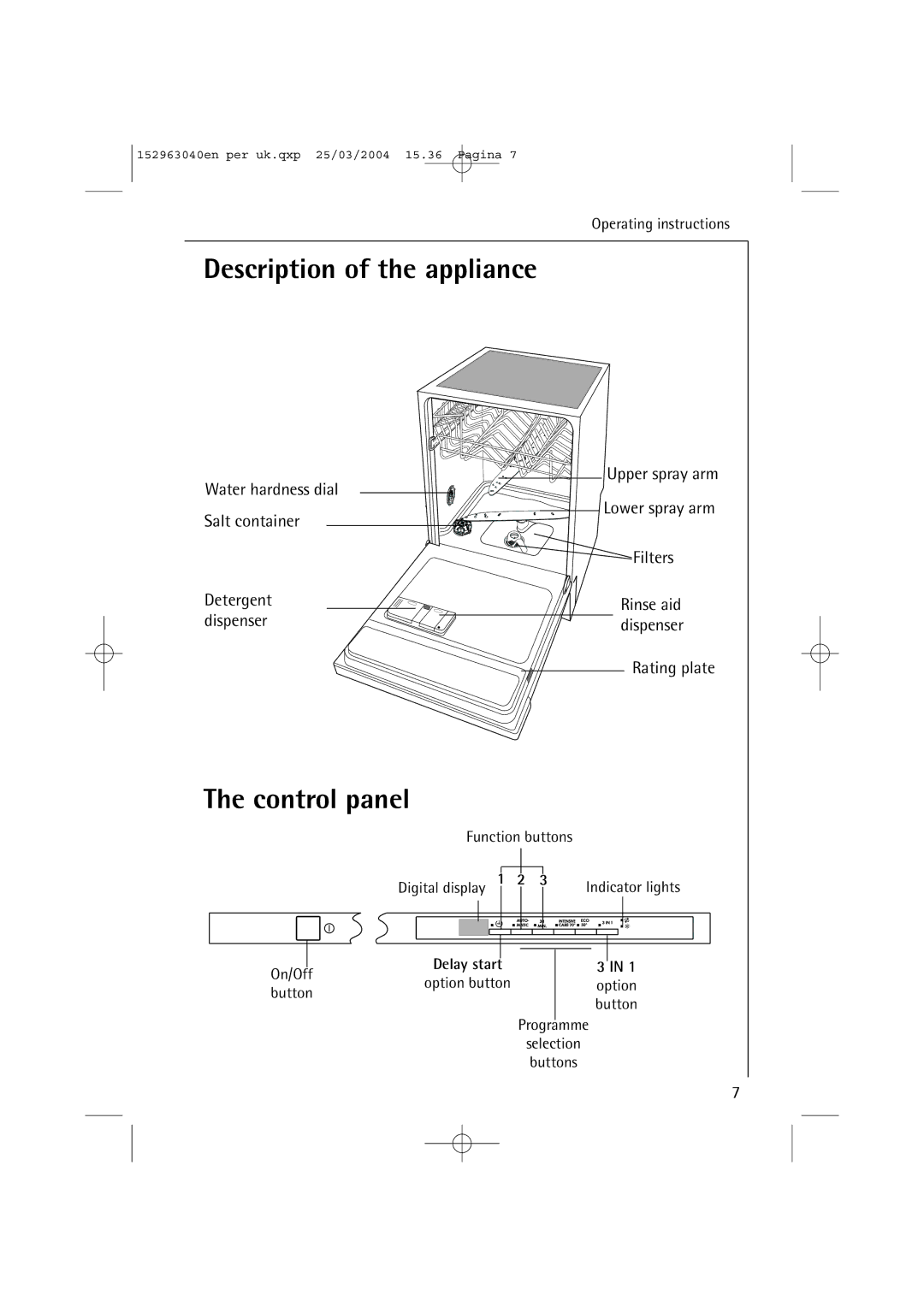 AEG 64070 VIL manual Description of the appliance, Control panel 