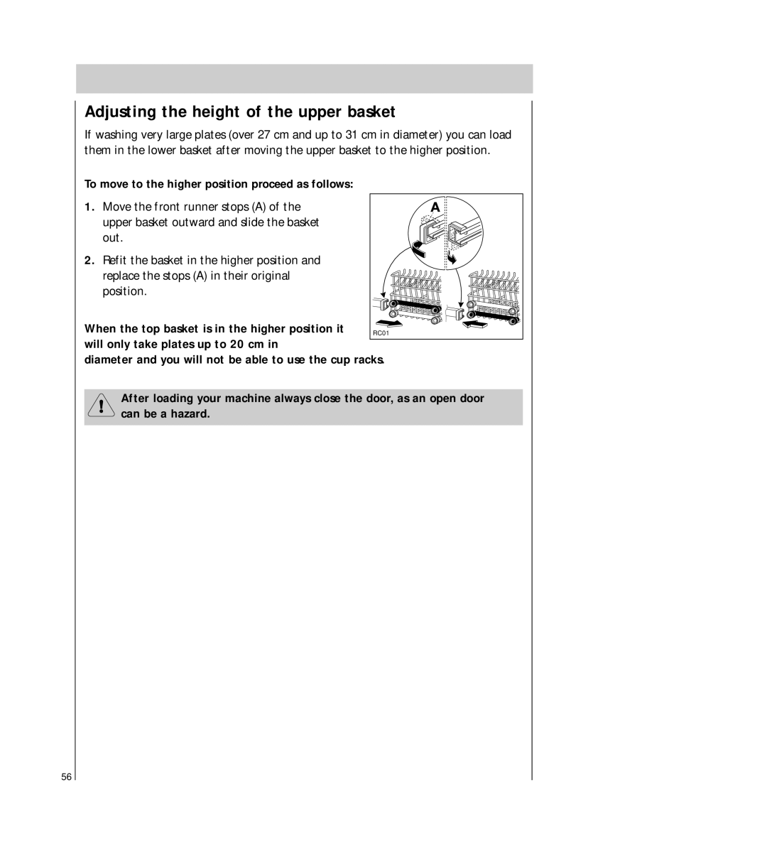 AEG 64450 I manual Adjusting the height of the upper basket, To move to the higher position proceed as follows 