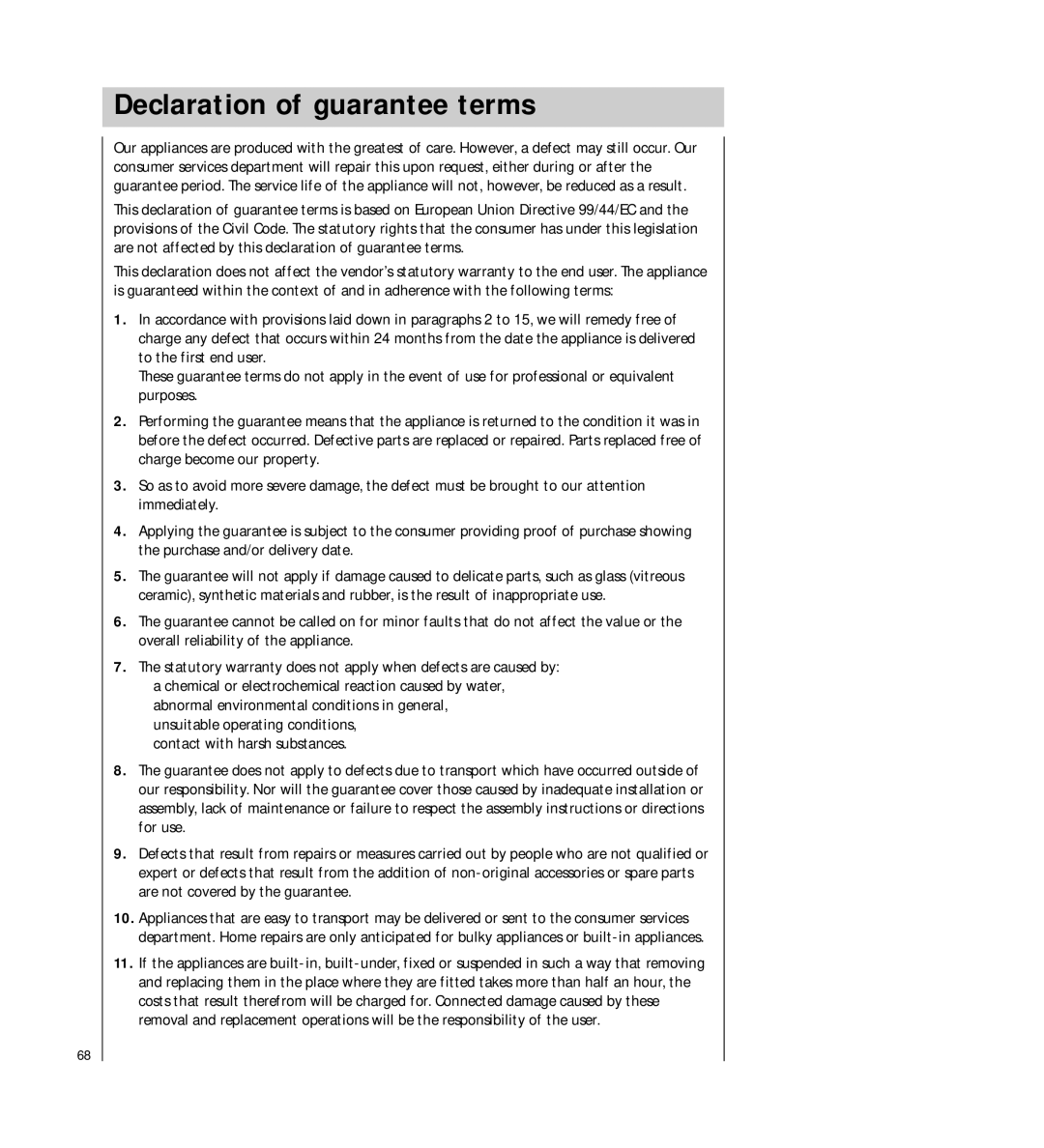 AEG 64450 I manual Declaration of guarantee terms 