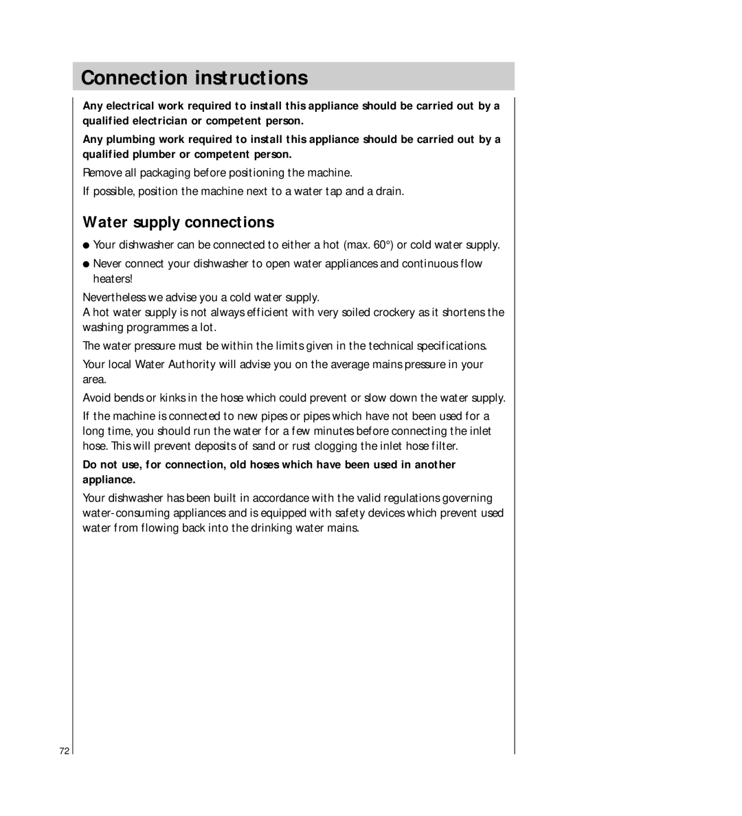 AEG 64450 I manual Connection instructions, Water supply connections 