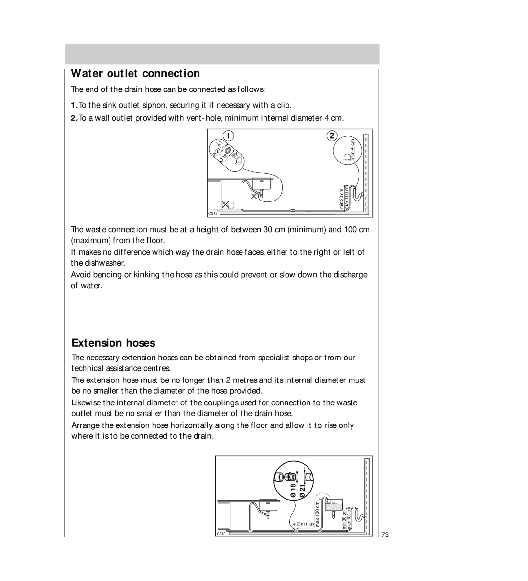 AEG 64450 I manual Water outlet connection, Extension hoses 