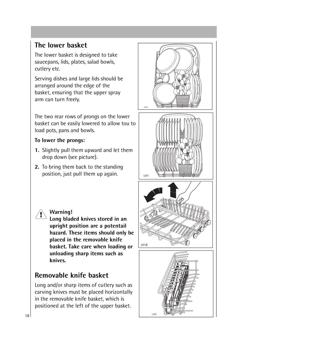 AEG 64800 manual Lower basket, Removable knife basket, To lower the prongs 