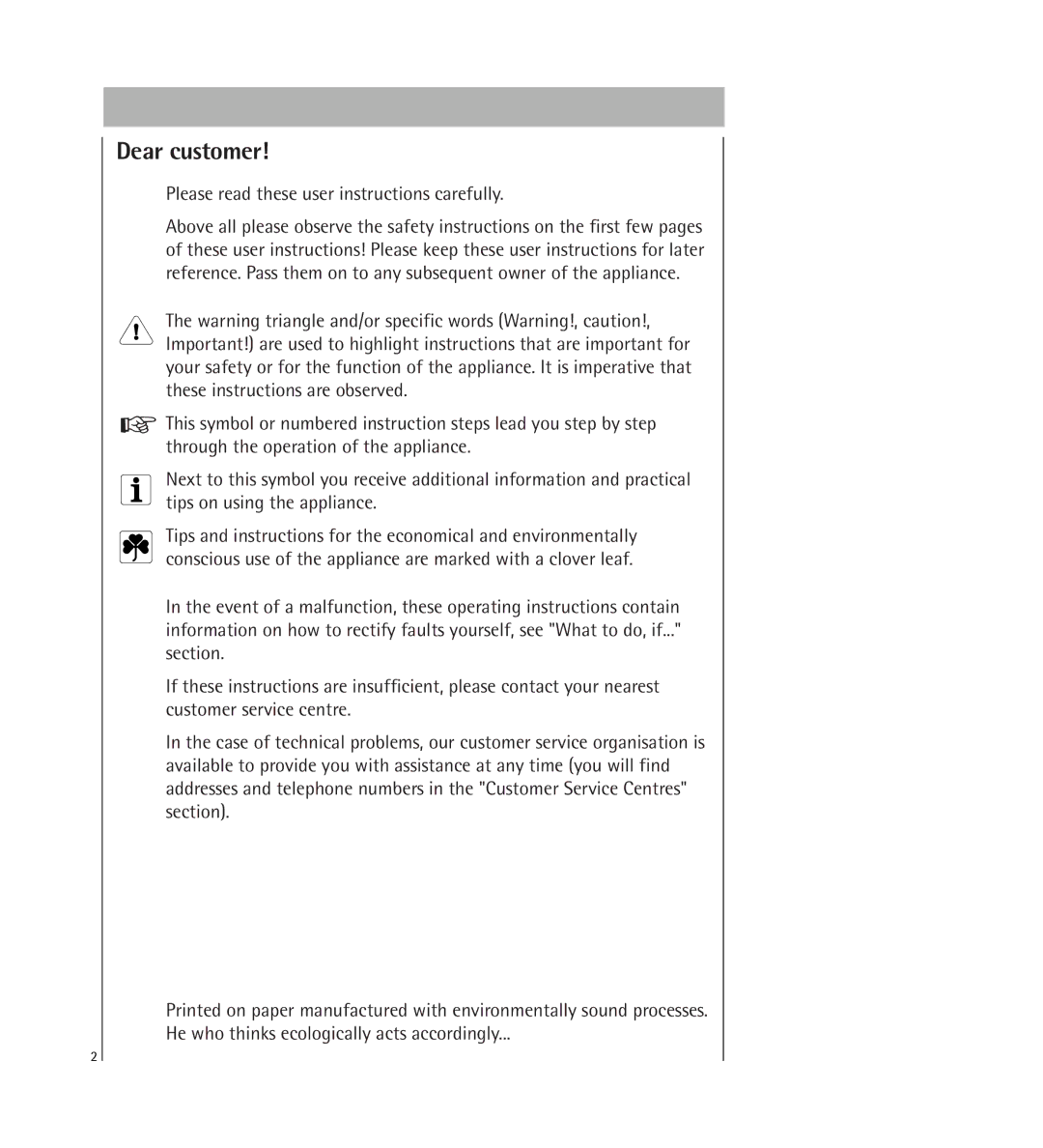 AEG 64800 manual Dear customer, Please read these user instructions carefully 