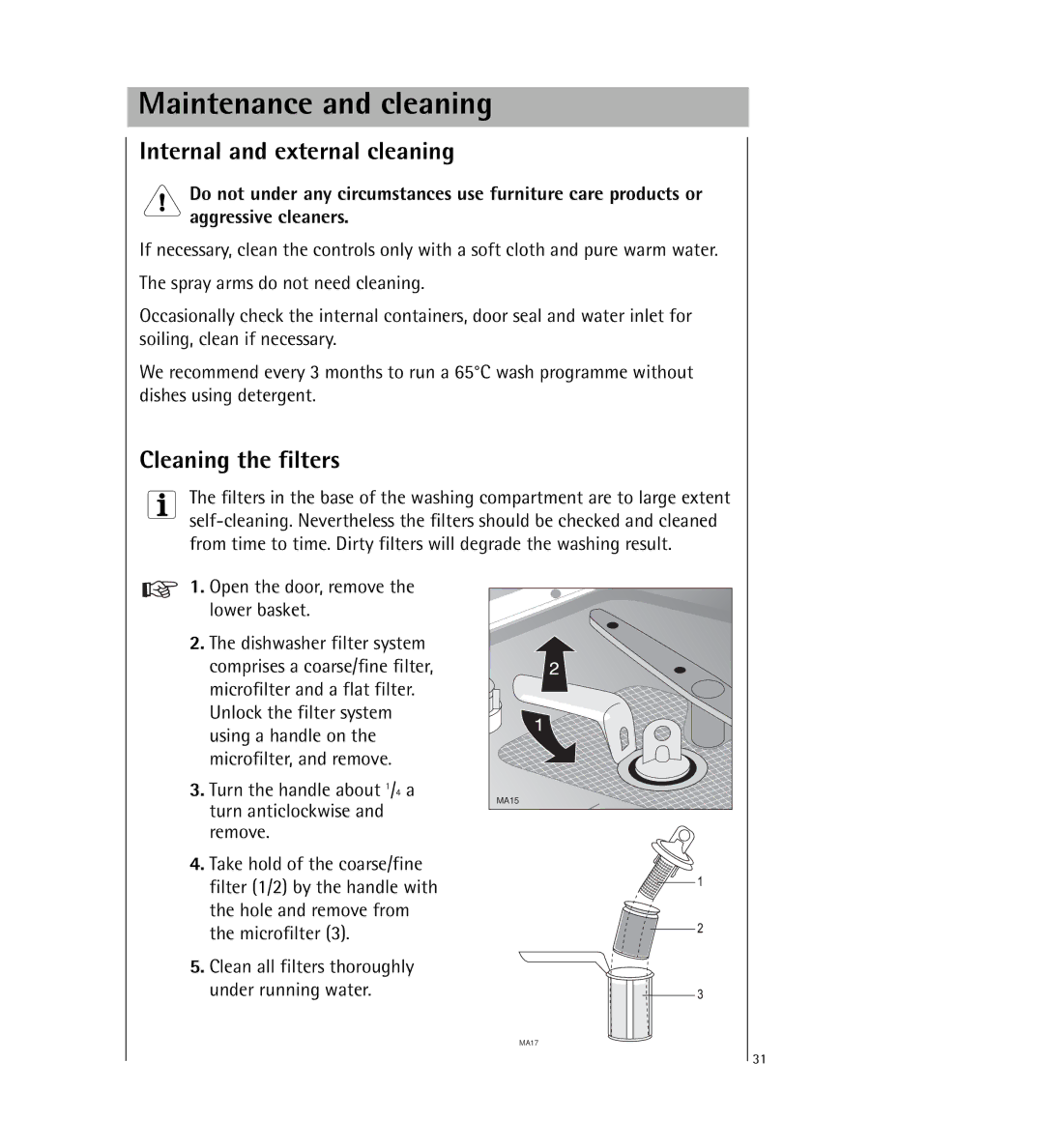 AEG 64800 manual Maintenance and cleaning, Internal and external cleaning, Cleaning the filters 