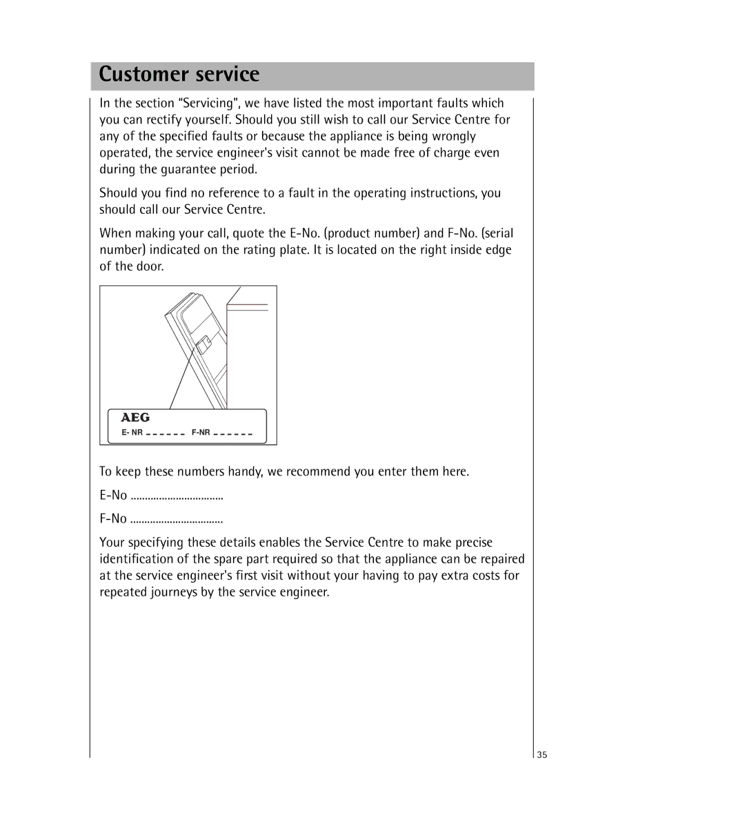 AEG 64800 manual Customer service 