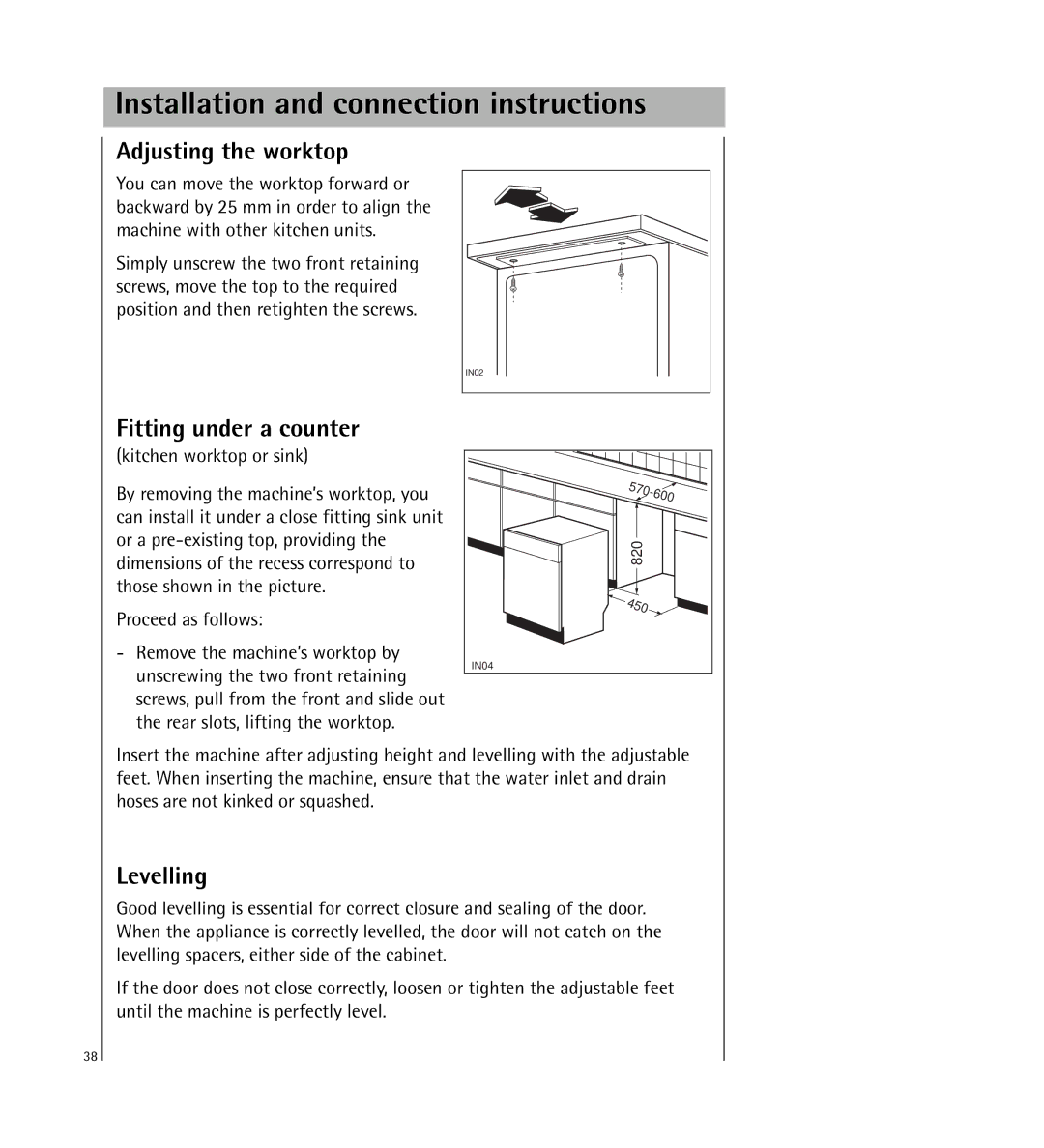 AEG 64800 manual Installation and connection instructions, Adjusting the worktop, Fitting under a counter, Levelling 