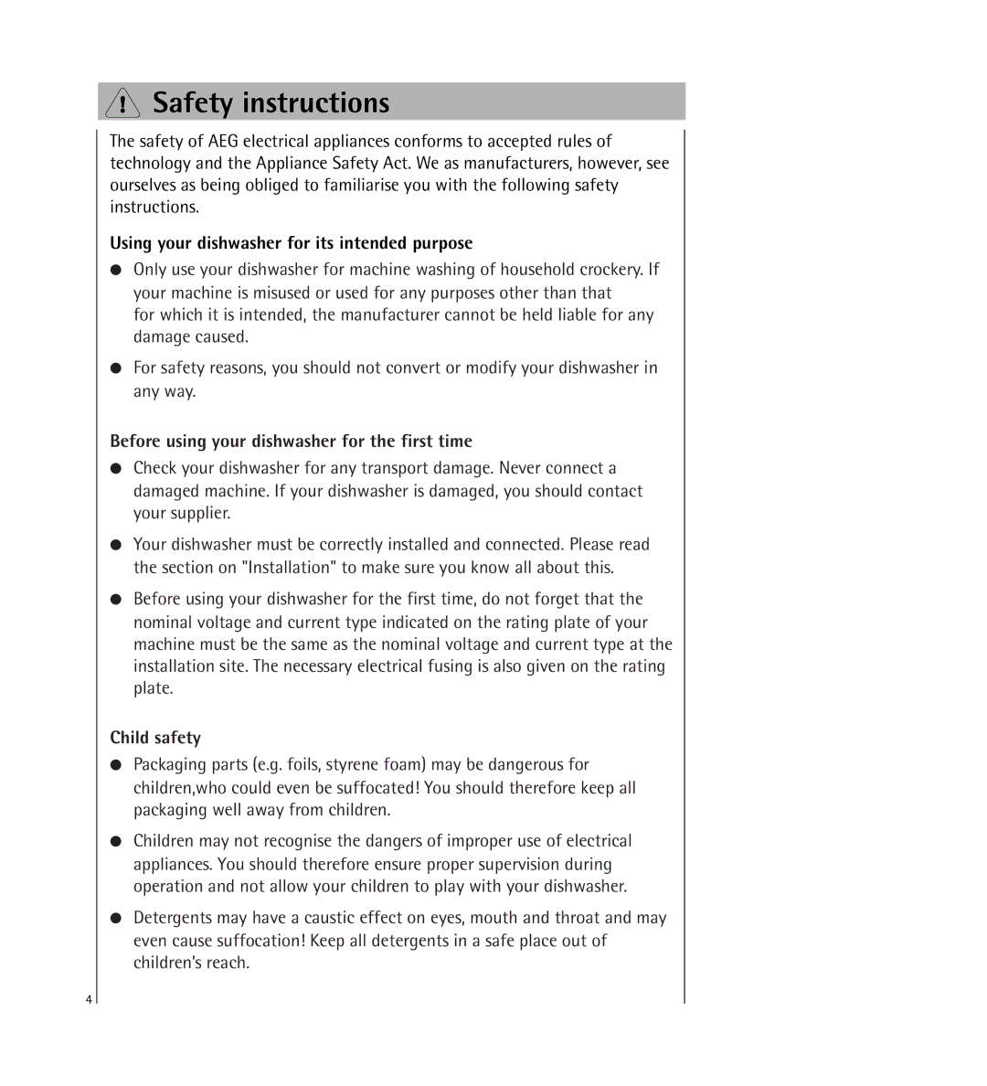 AEG 64800 manual Safety instructions, Using your dishwasher for its intended purpose, Child safety 