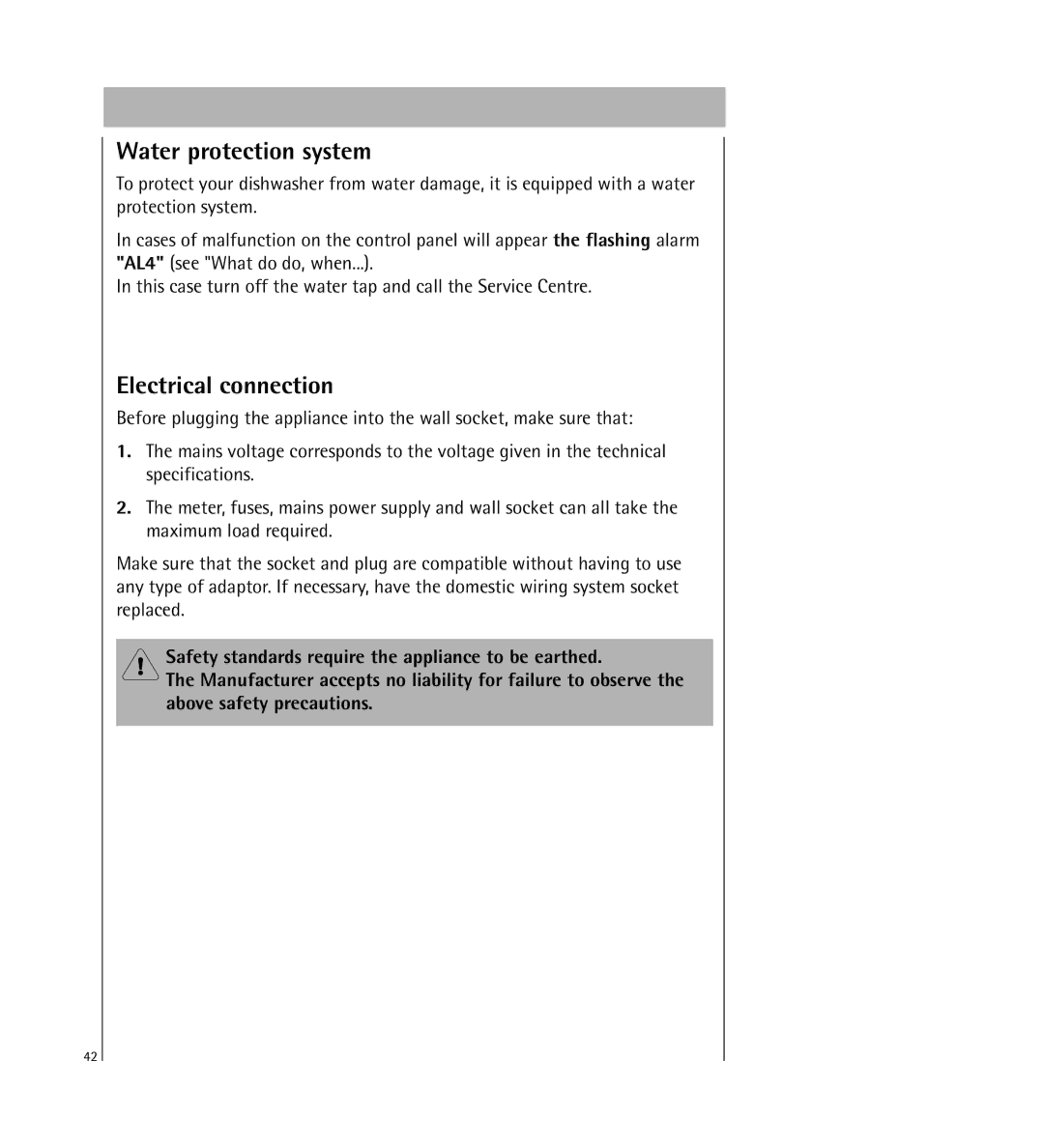 AEG 64800 manual Water protection system, Electrical connection 