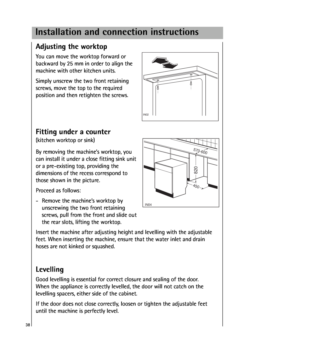 AEG 64800 manual Installation and connection instructions, Adjusting the worktop, Fitting under a counter, Levelling 