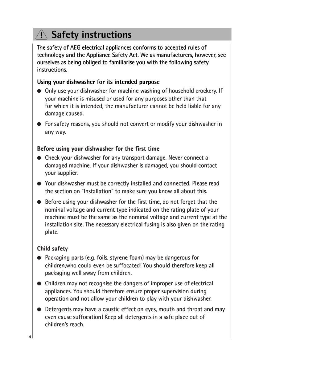AEG 64800 manual Safety instructions, Using your dishwasher for its intended purpose, Child safety 