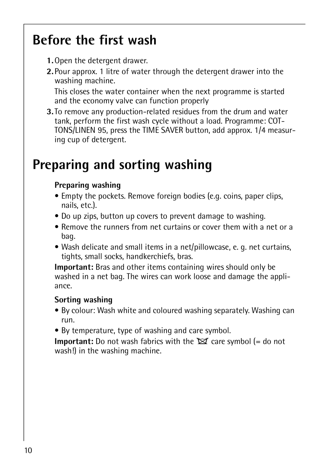 AEG 64819 manual Before the first wash, Preparing and sorting washing, Preparing washing, Sorting washing 