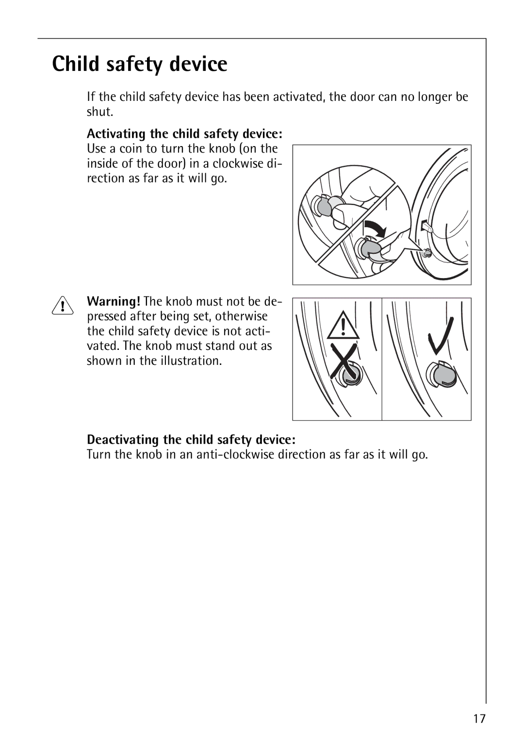 AEG 64819 manual Child safety device, Deactivating the child safety device 