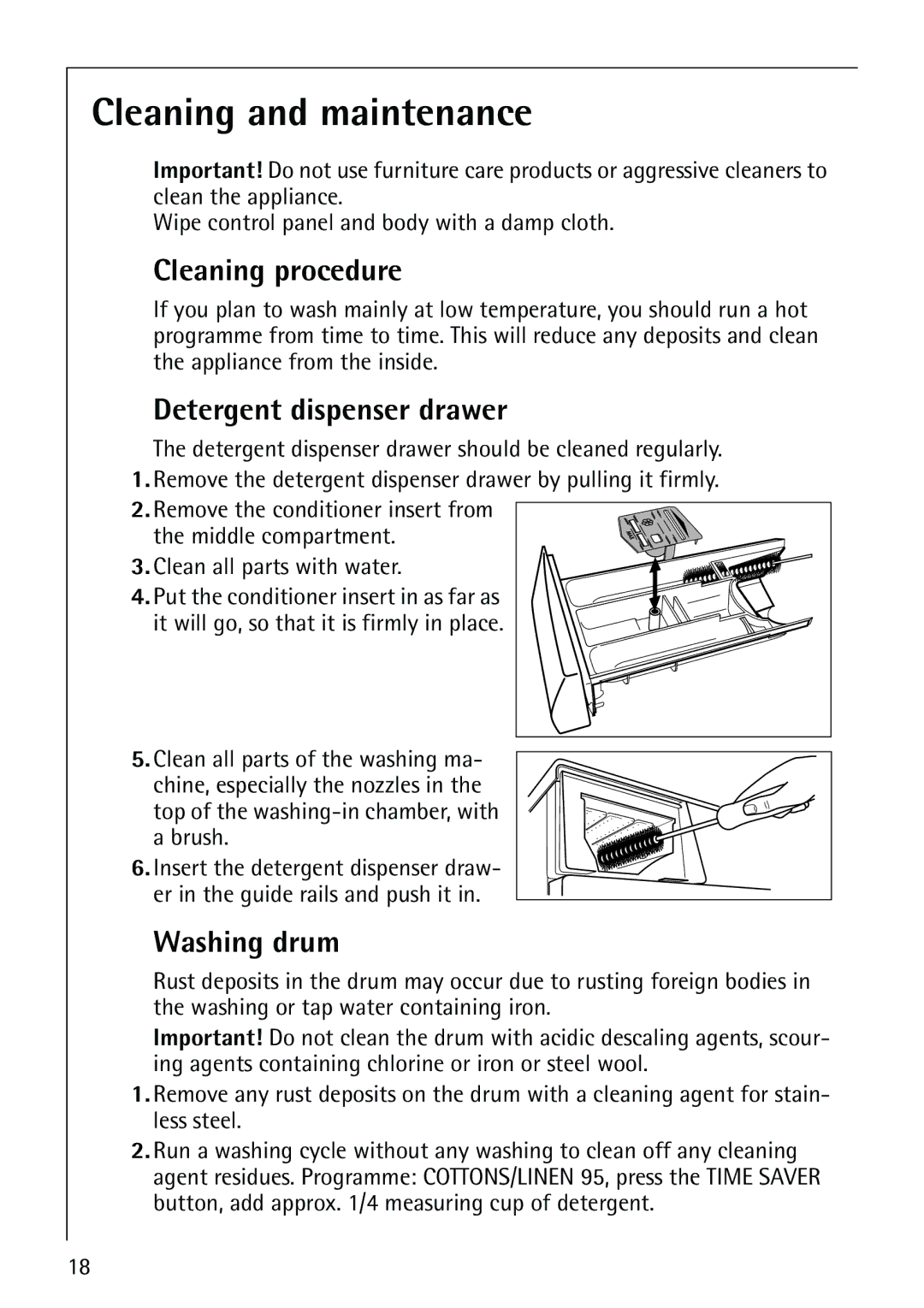 AEG 64819 manual Cleaning and maintenance, Cleaning procedure, Detergent dispenser drawer, Washing drum 