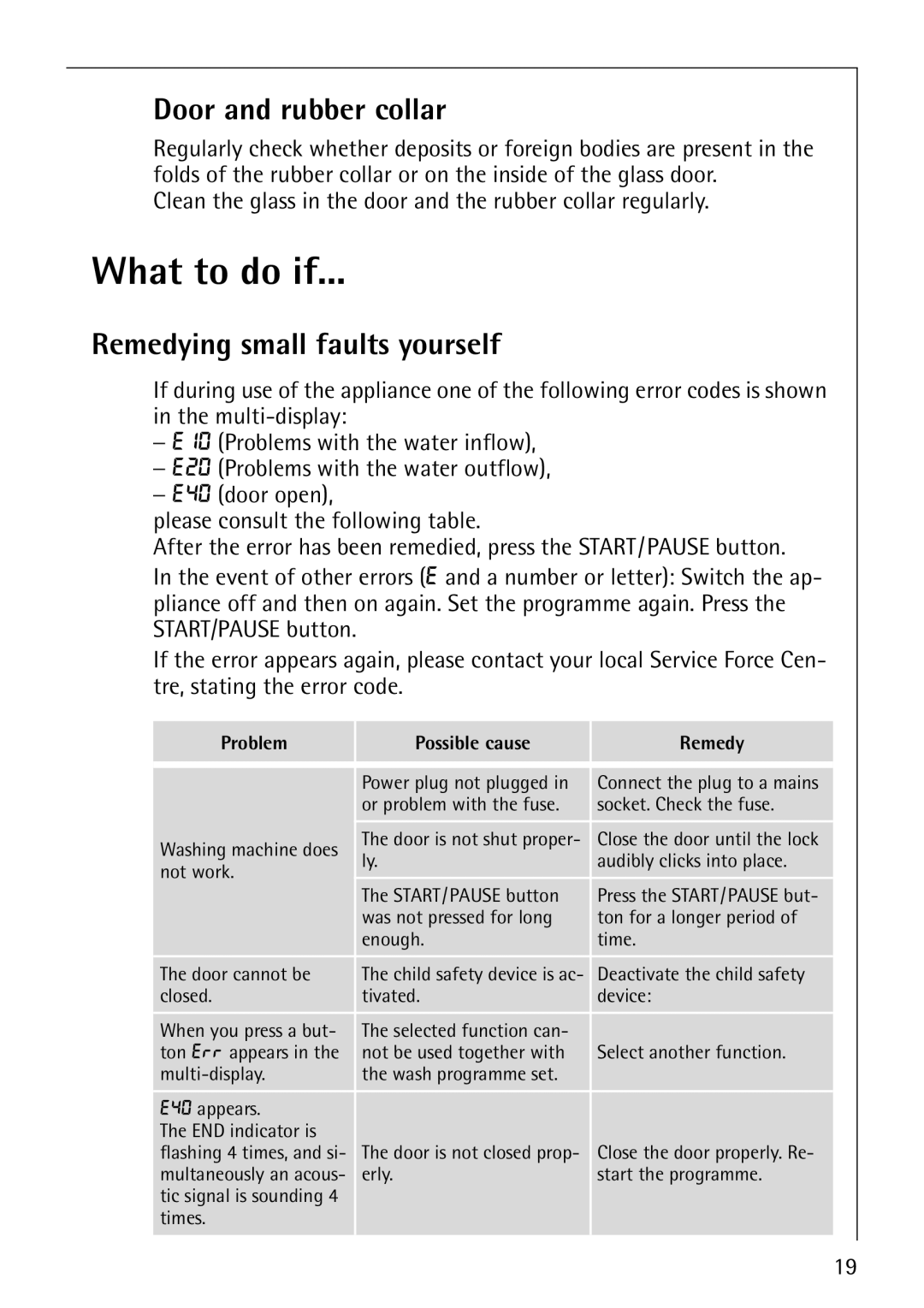 AEG 64819 manual What to do if, Door and rubber collar, Remedying small faults yourself 