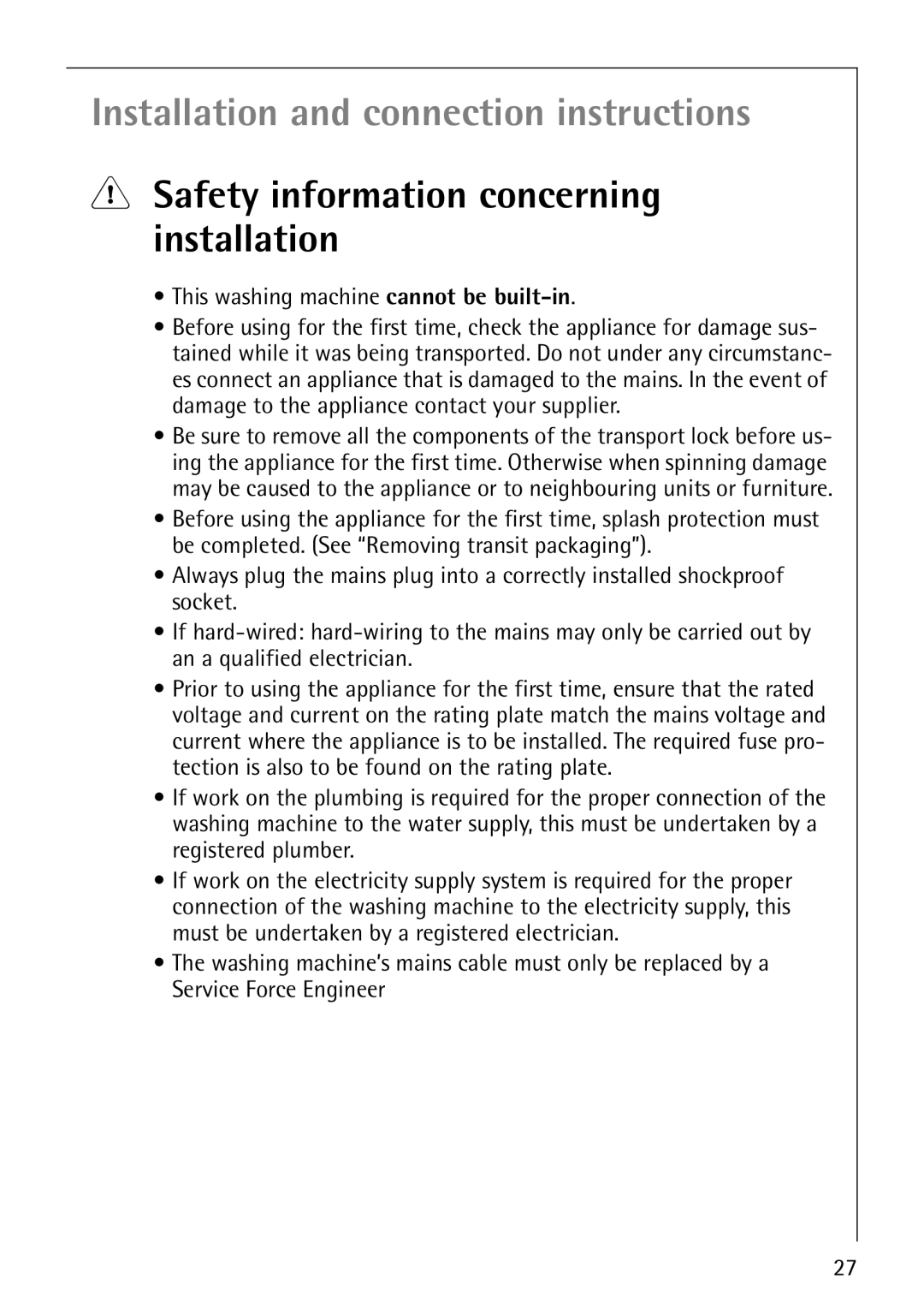 AEG 64819 manual Safety information concerning installation, This washing machine cannot be built-in 