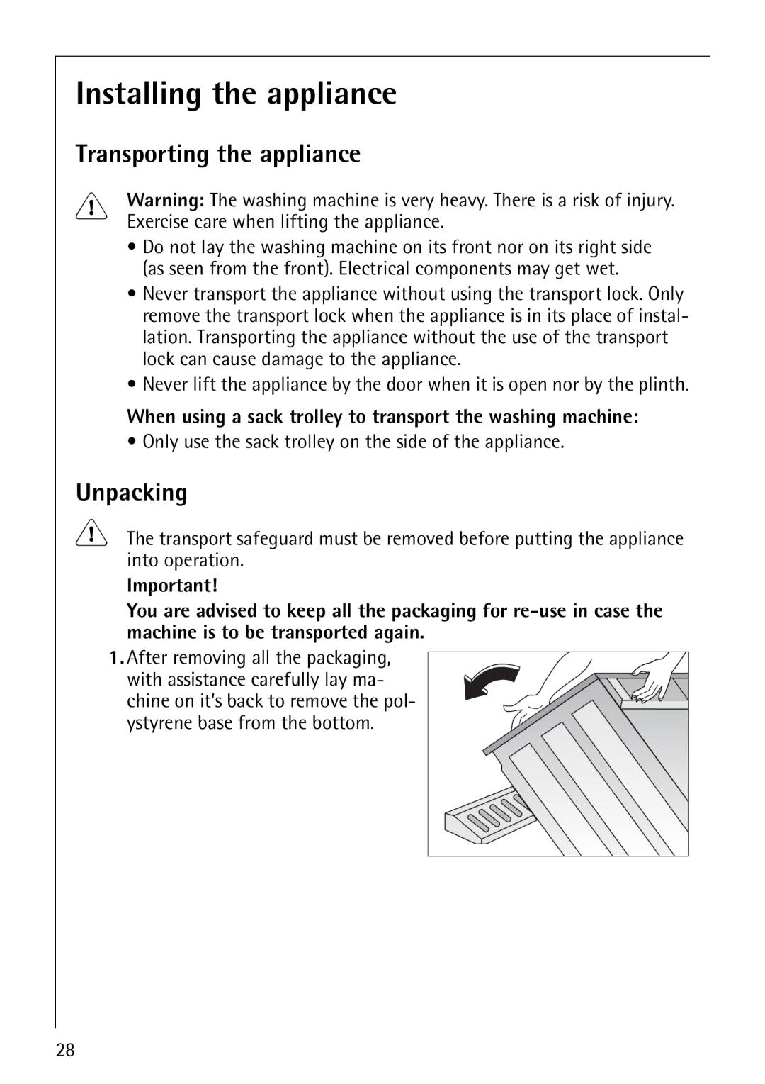 AEG 64819 manual Installing the appliance, Transporting the appliance, Unpacking 