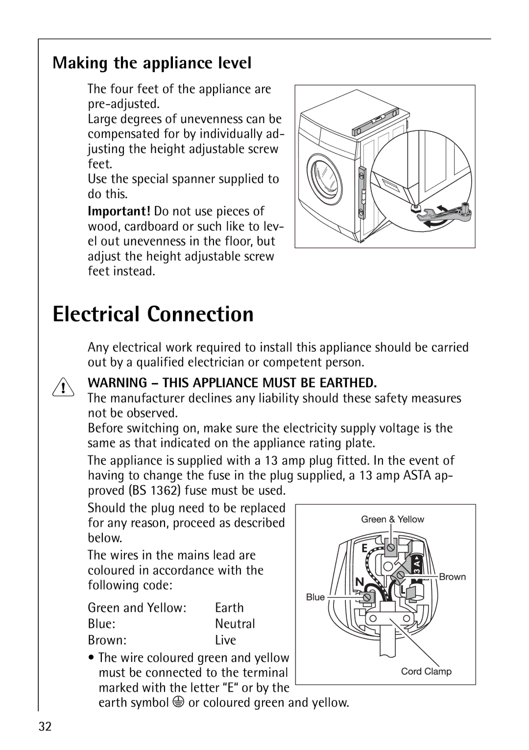 AEG 64819 manual Electrical Connection, Making the appliance level, Brown Live Wire coloured green and yellow 