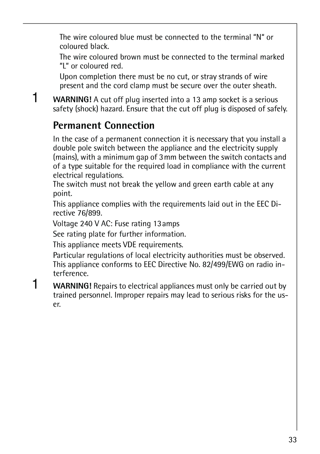 AEG 64819 manual Permanent Connection 