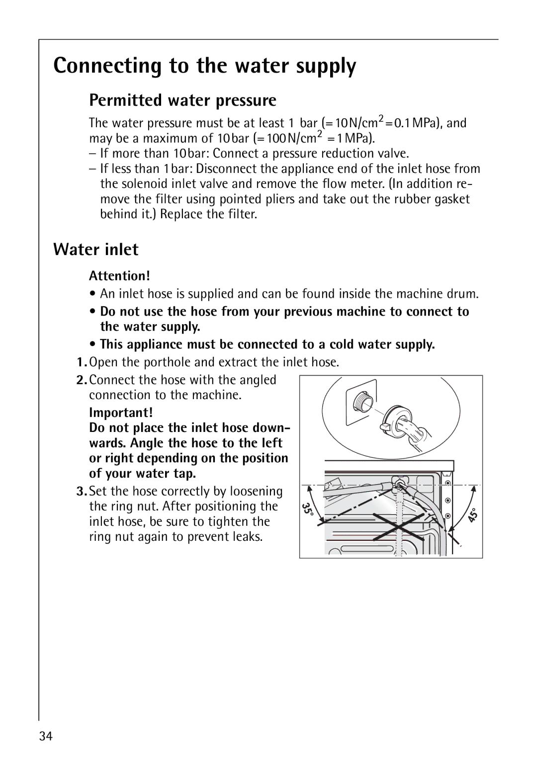 AEG 64819 manual Connecting to the water supply, Permitted water pressure, Water inlet 