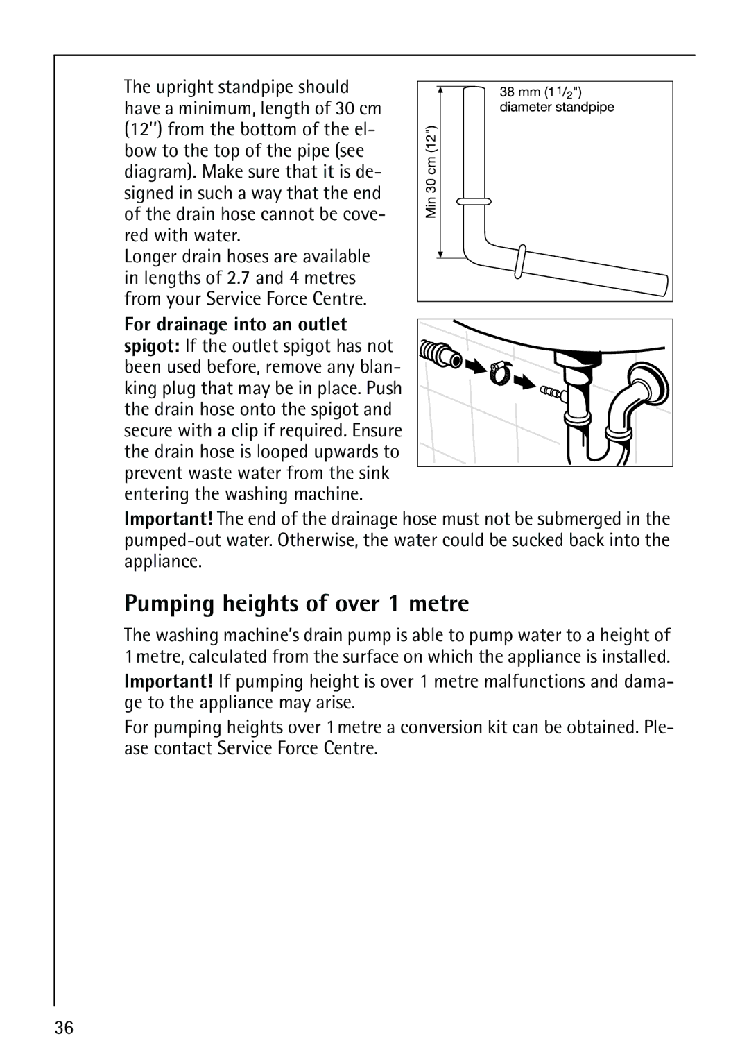 AEG 64819 manual Pumping heights of over 1 metre, From your Service Force Centre, For drainage into an outlet 