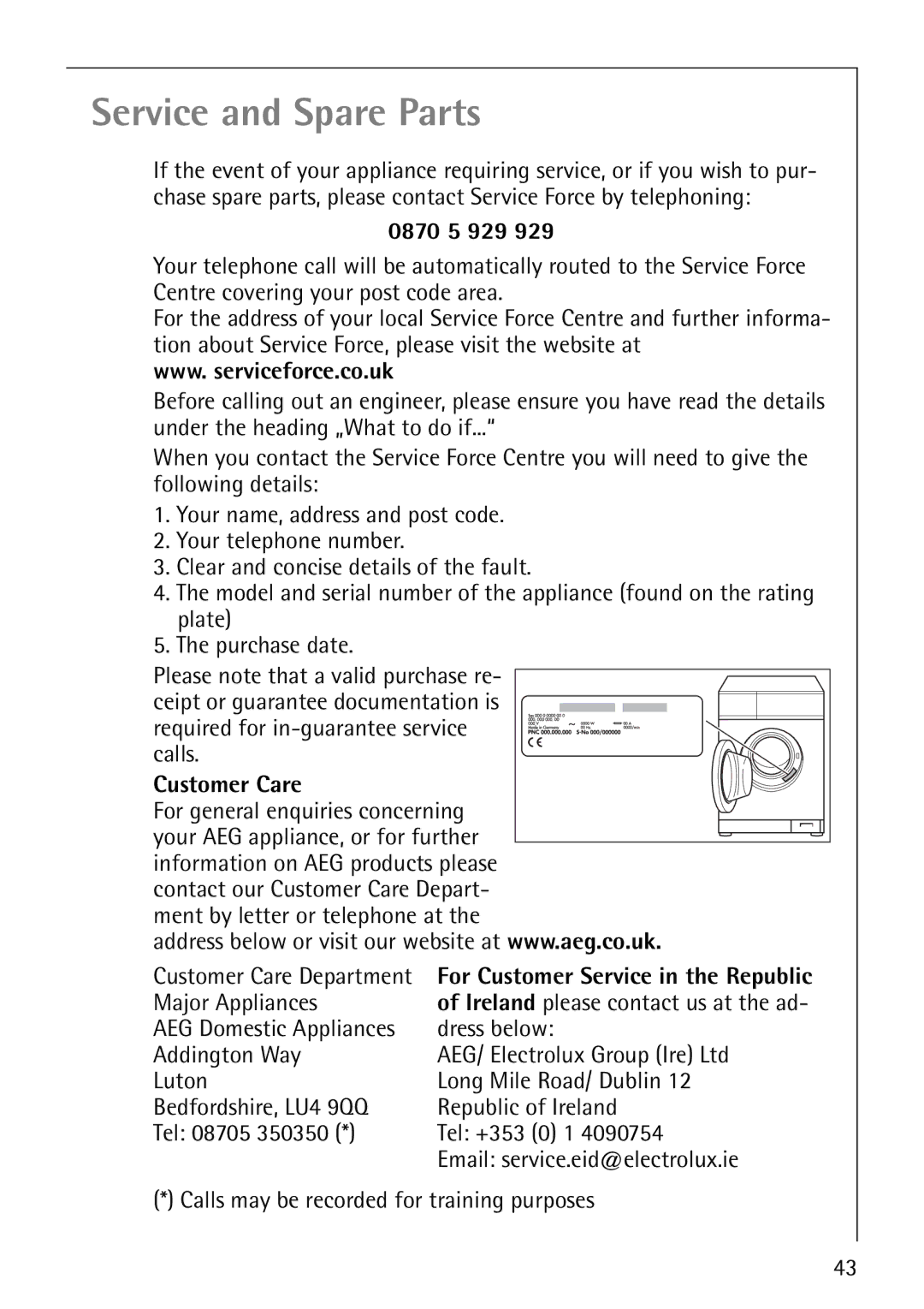 AEG 64819 manual 0870 5 929, Customer Care, For general enquiries concerning, Major Appliances 