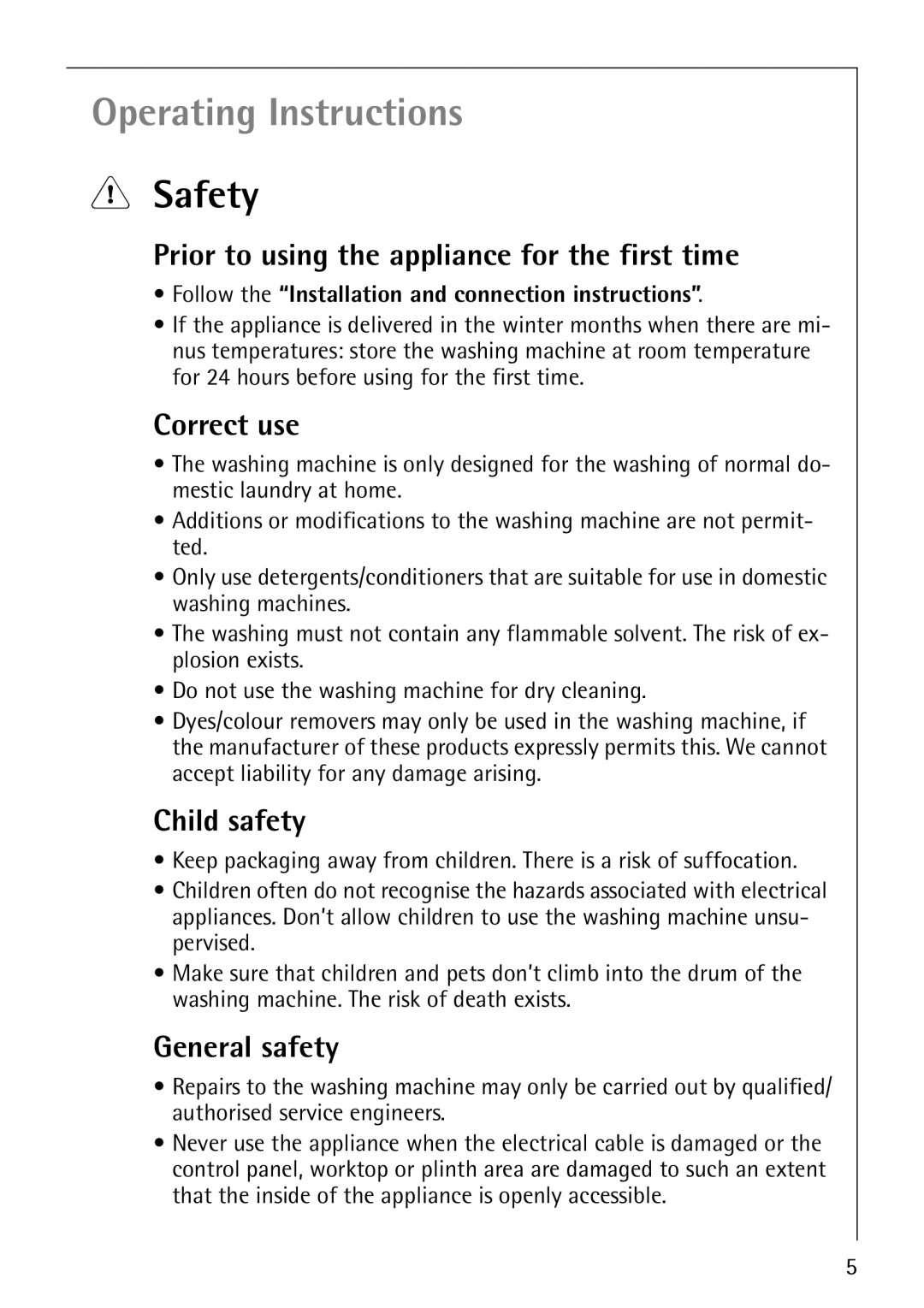 AEG 64819 manual Safety, Prior to using the appliance for the first time, Correct use, Child safety, General safety 