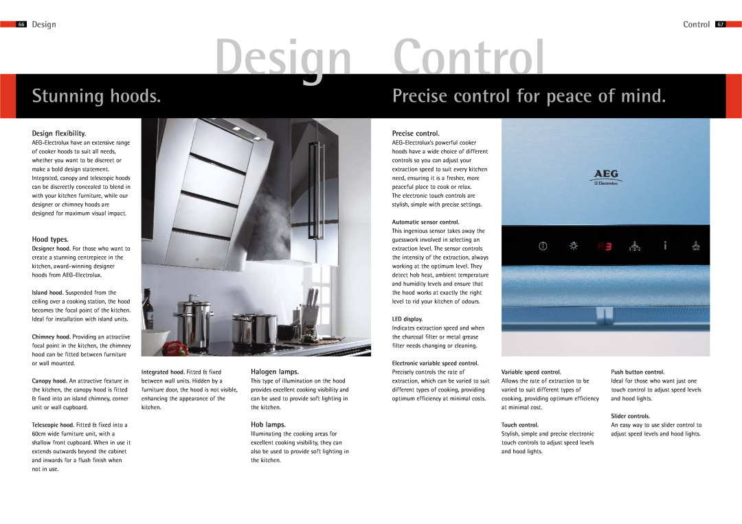 AEG 65 manual Precise control for peace of mind, Control, Design flexibility, Hood types, Halogen lamps, Hob lamps 