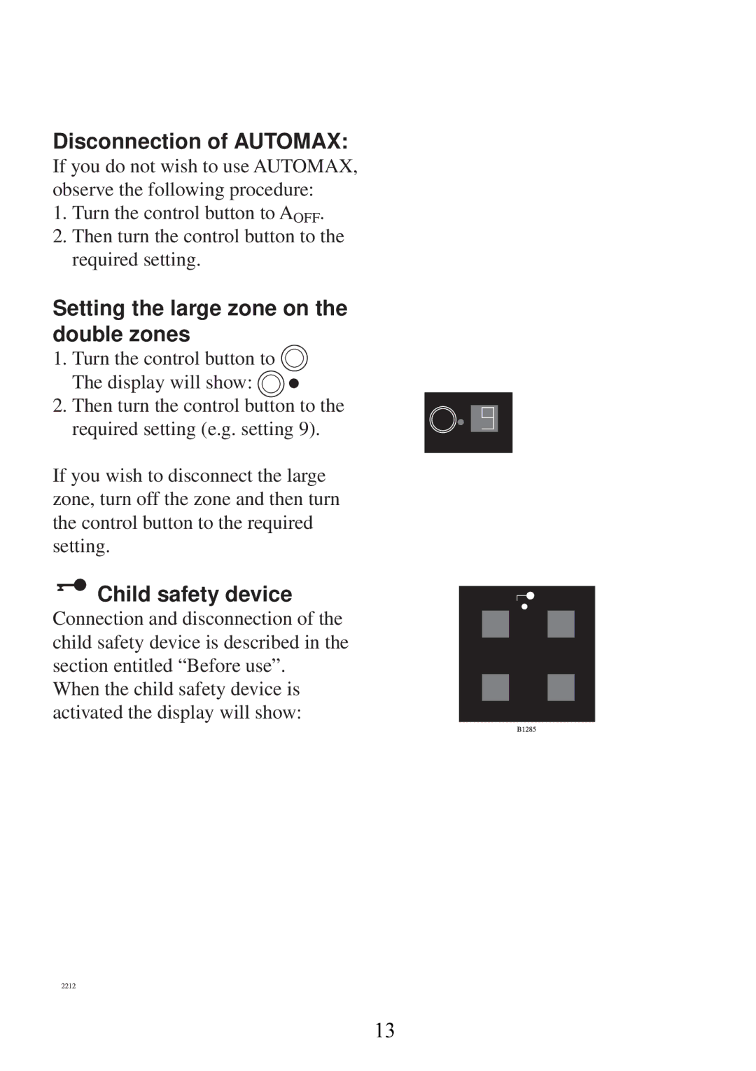 AEG 6510K7-M manual Disconnection of Automax, Setting the large zone on the double zones, Child safety device 