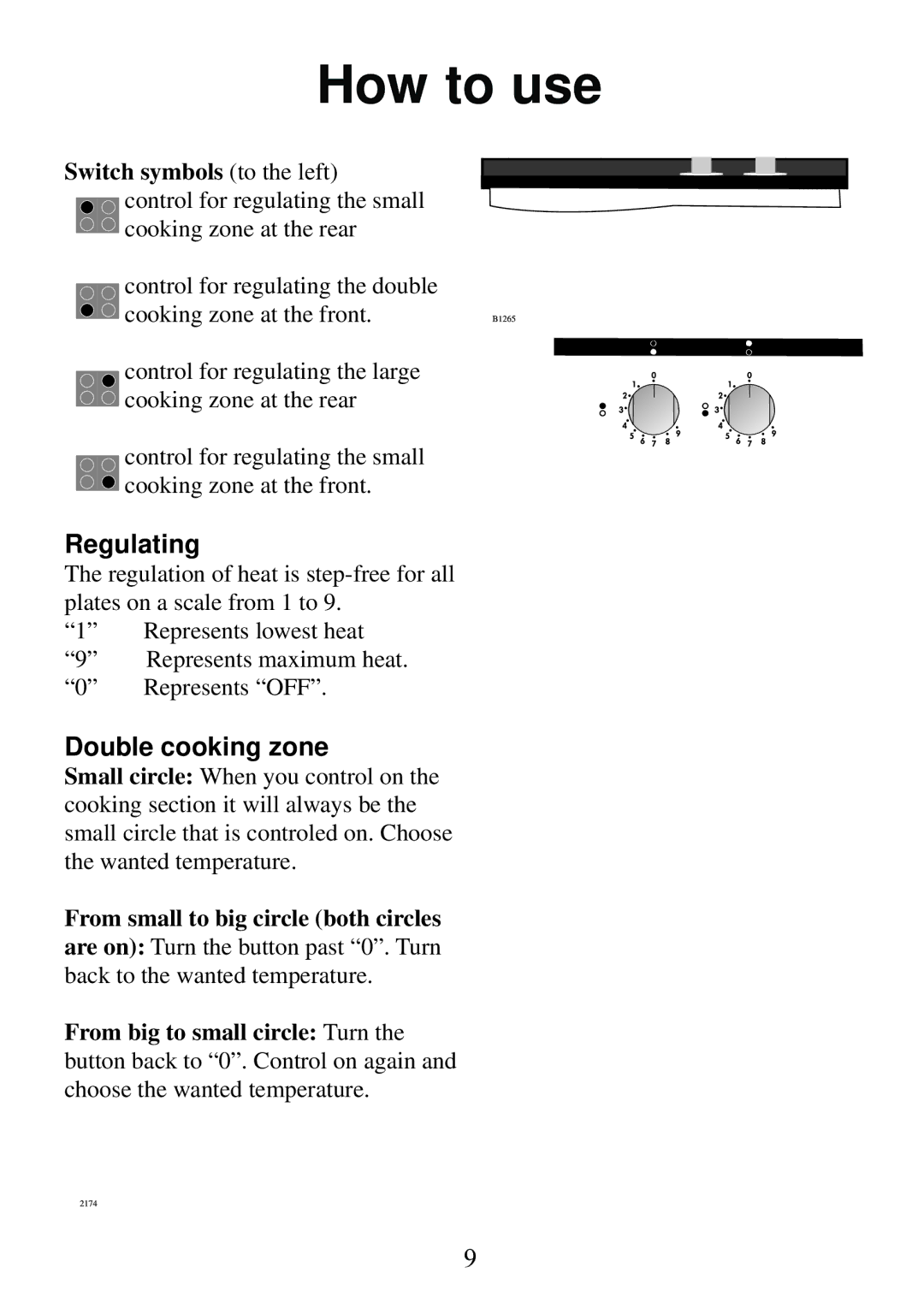 AEG 6510K7-M manual How to use, Regulating, Double cooking zone, Switch symbols to the left 