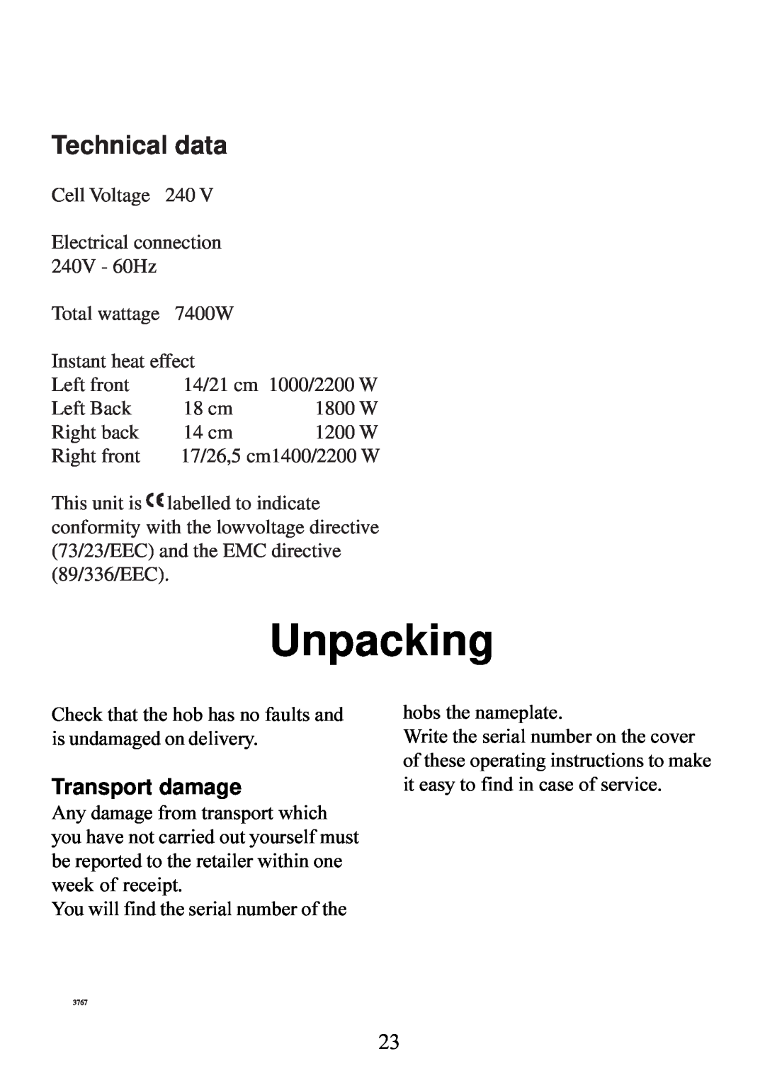 AEG 6510K7-M manual Unpacking, Technical data, Transport damage 