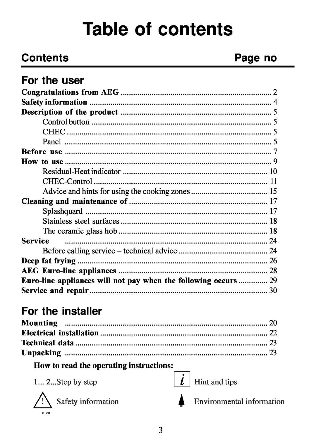 AEG 6510K7-M Table of contents, Contents, For the user, For the installer, How to read the operating instructions, Page no 