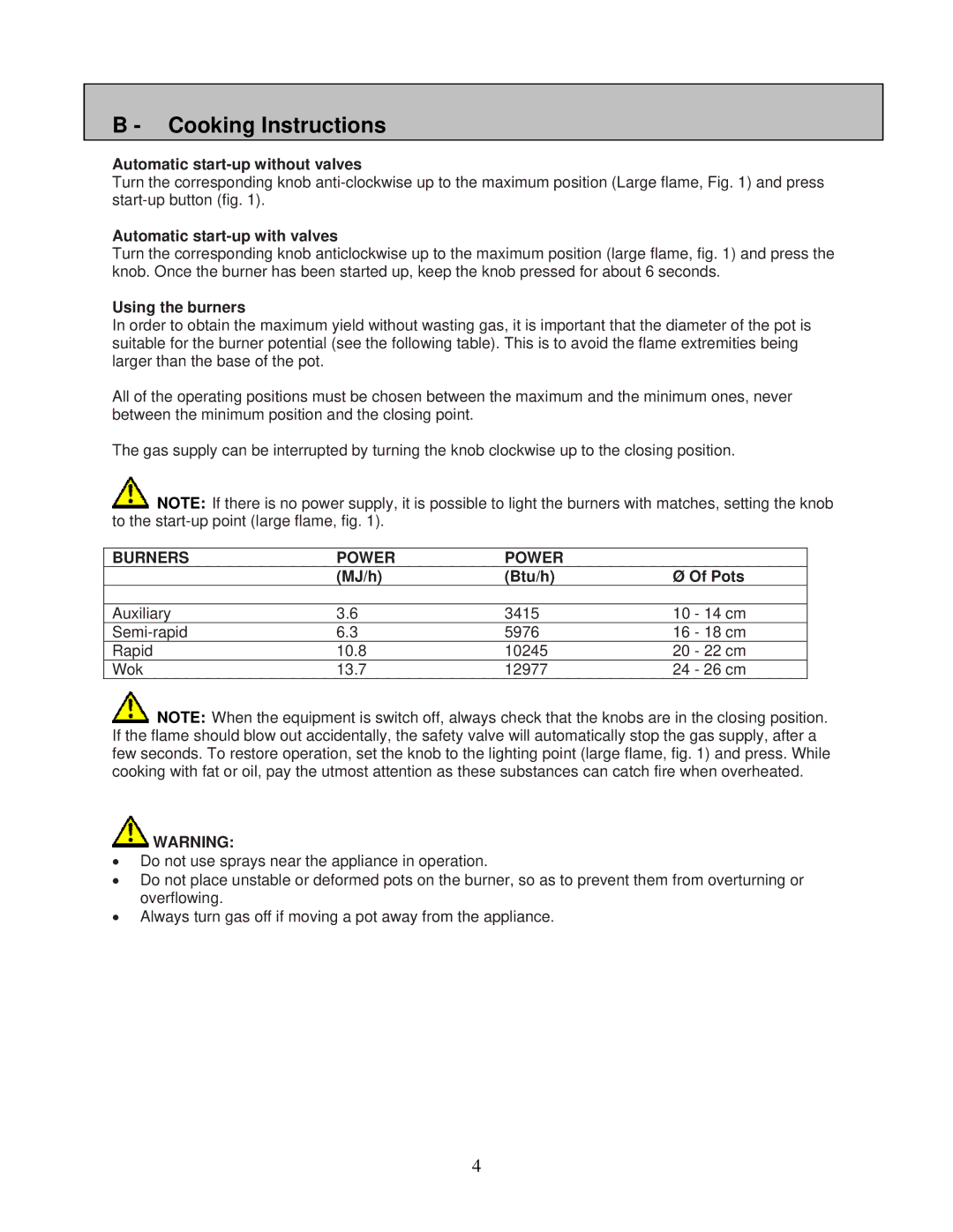 AEG 6524gm-m Cooking Instructions, Automatic start-up without valves, Automatic start-up with valves, Using the burners 