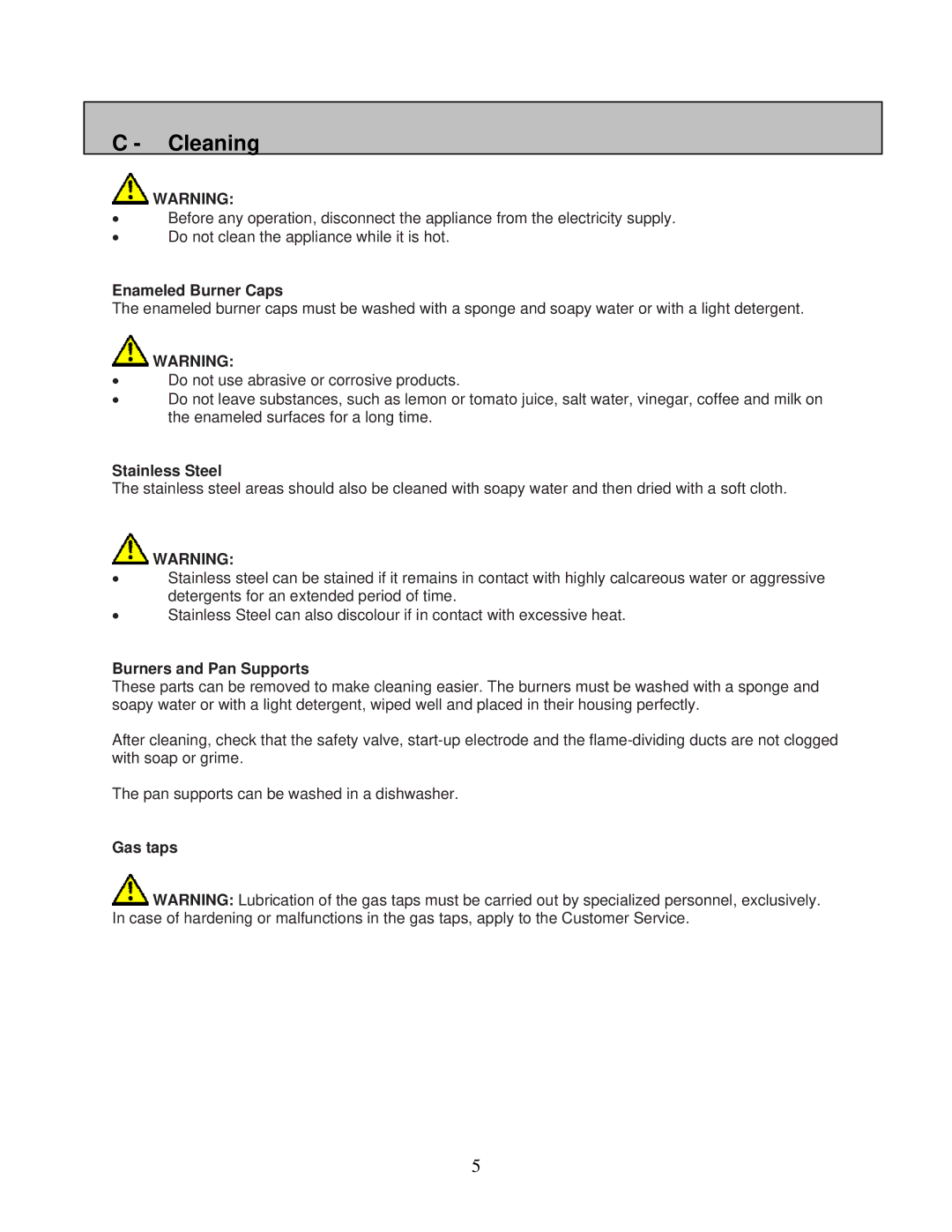 AEG 6524gm-m user manual Cleaning, Enameled Burner Caps, Stainless Steel, Burners and Pan Supports, Gas taps 