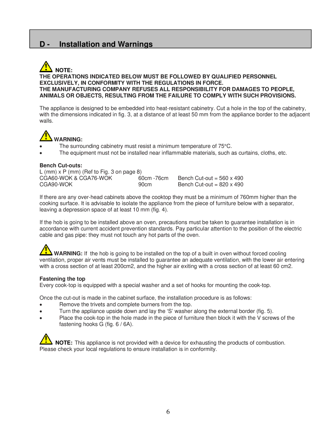 AEG 6524gm-m user manual Installation and Warnings, Bench Cut-outs, Fastening the top 