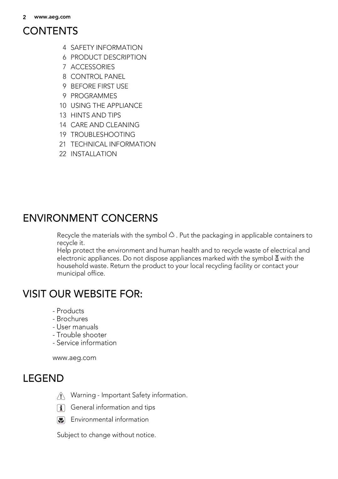 AEG 65270AC EN user manual Contents, Environment Concerns, Visit OUR Website for 