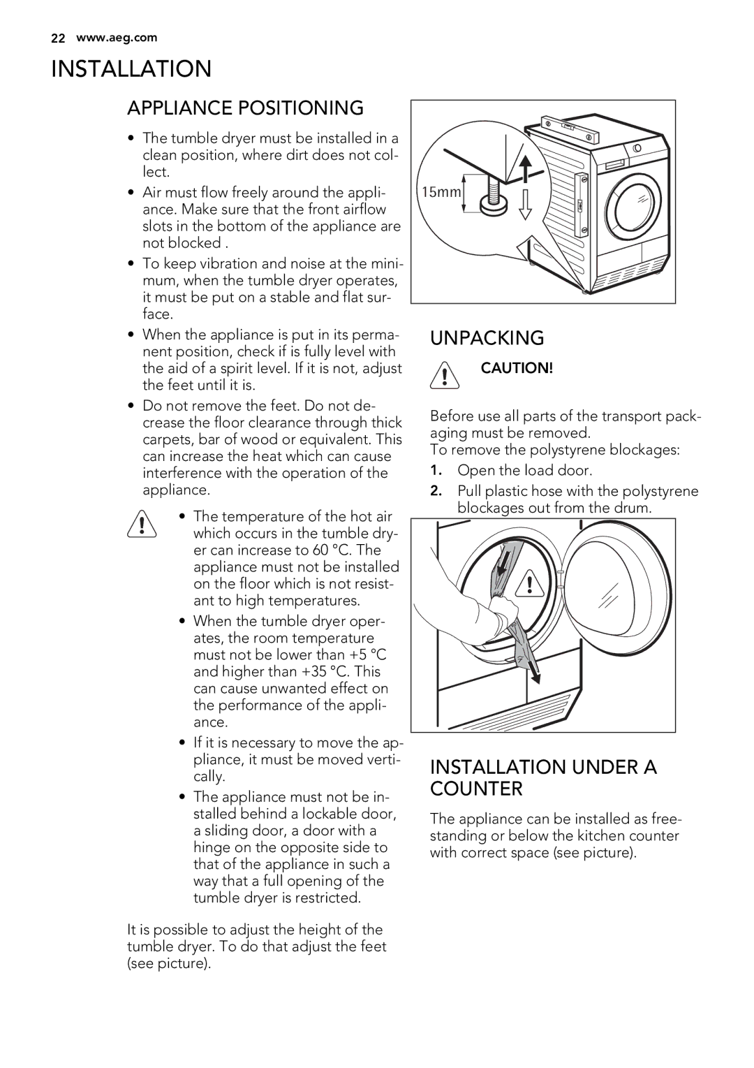 AEG 65270AC EN user manual Appliance Positioning, Unpacking, Installation Under a Counter 