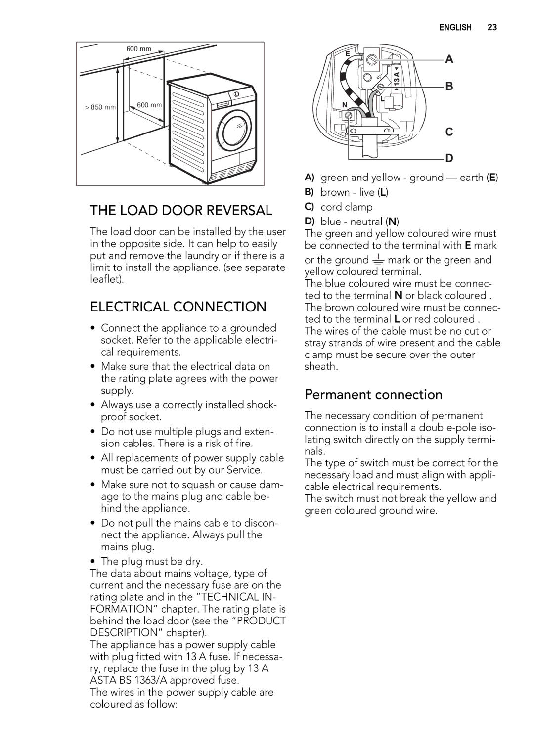 AEG 65270AC EN user manual Load Door Reversal, Electrical Connection 