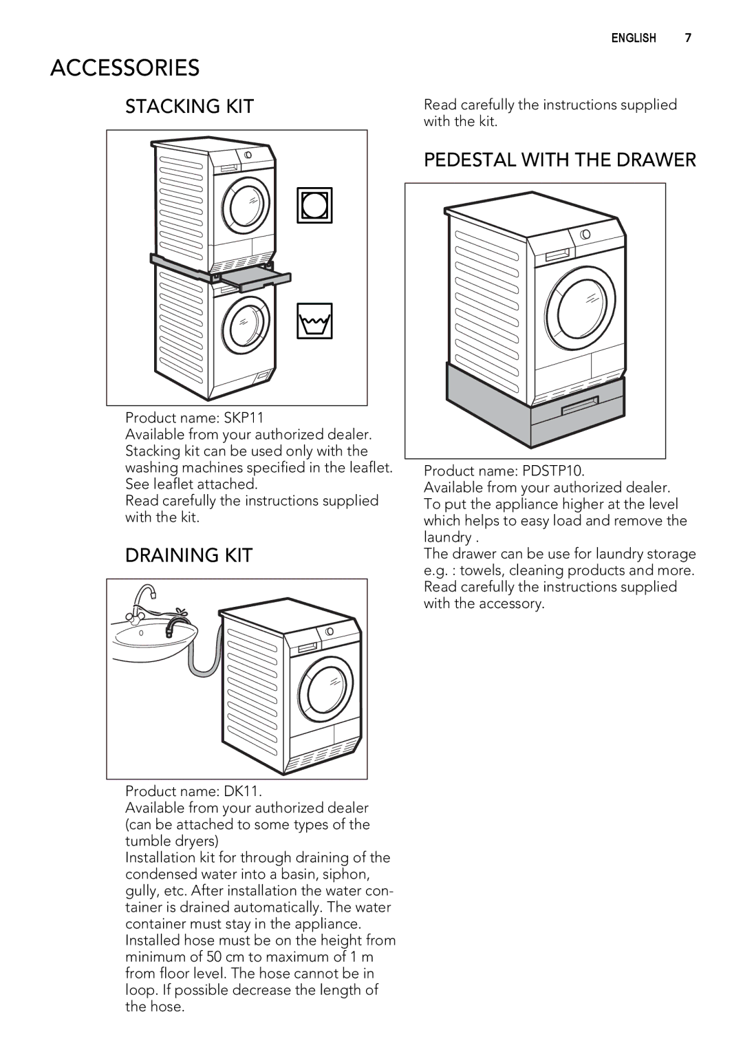 AEG 65270AC EN user manual Accessories, Stacking KIT, Draining KIT, Pedestal with the Drawer 