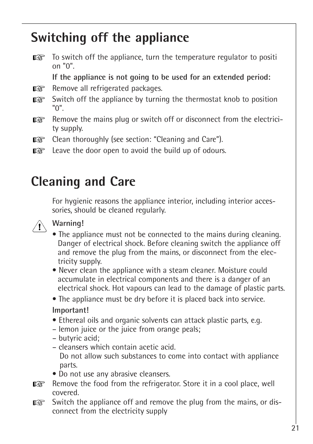 AEG 66000I installation instructions Switching off the appliance, Cleaning and Care 