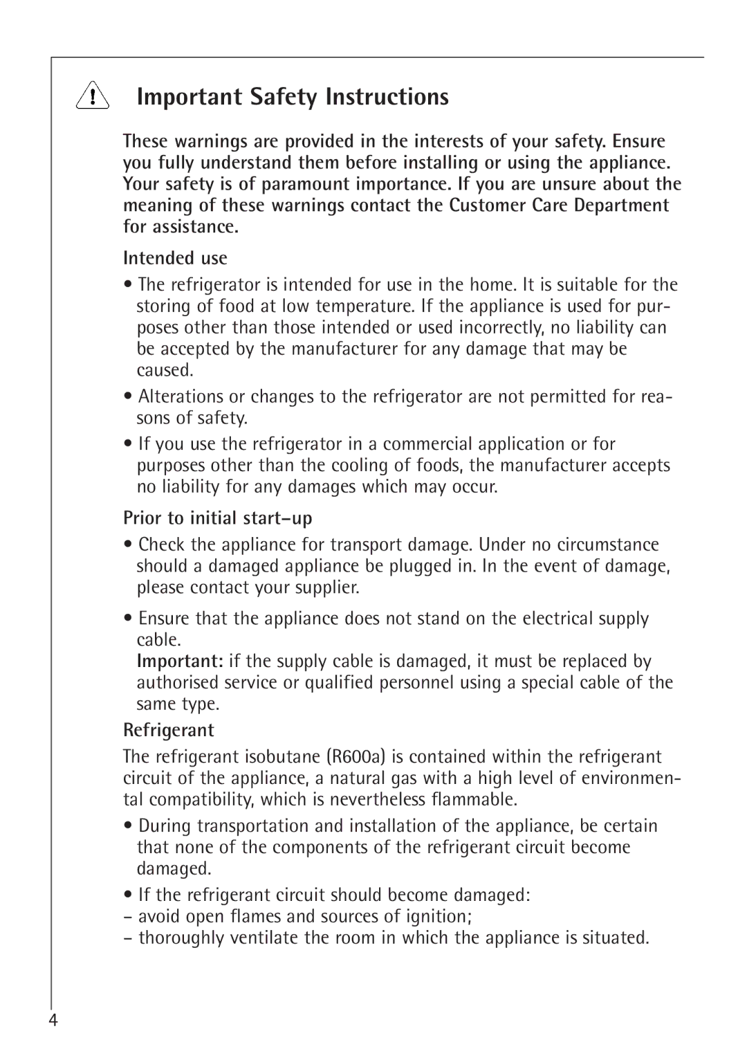 AEG 66000I installation instructions Important Safety Instructions, Prior to initial start-up, Refrigerant 