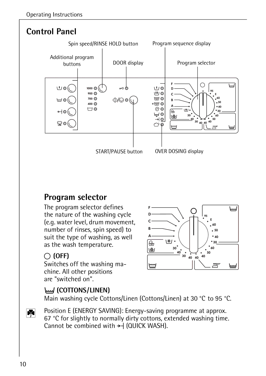 AEG 70330 manual Control Panel, Program selector, Cottons/Linen 