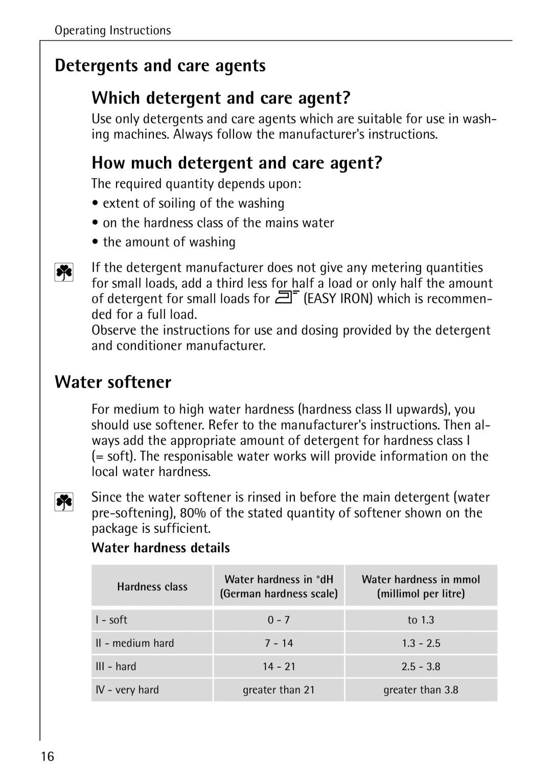 AEG 70330 Detergents and care agents Which detergent and care agent?, How much detergent and care agent?, Water softener 