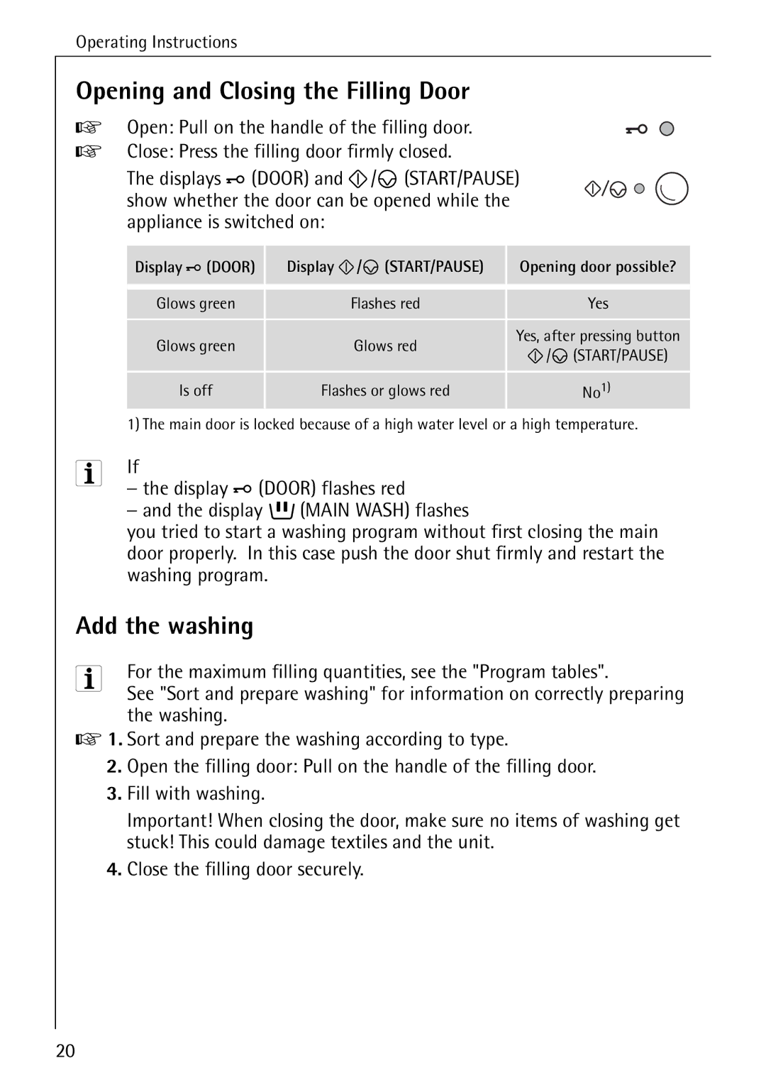 AEG 70330 manual Opening and Closing the Filling Door, Add the washing, Display O/ s START/PAUSE 